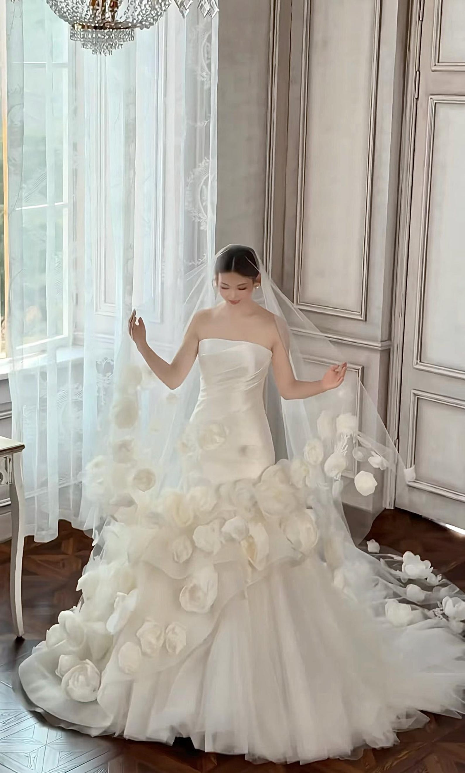 Strapless 3D Floral Mermaid Satin Wedding Gown