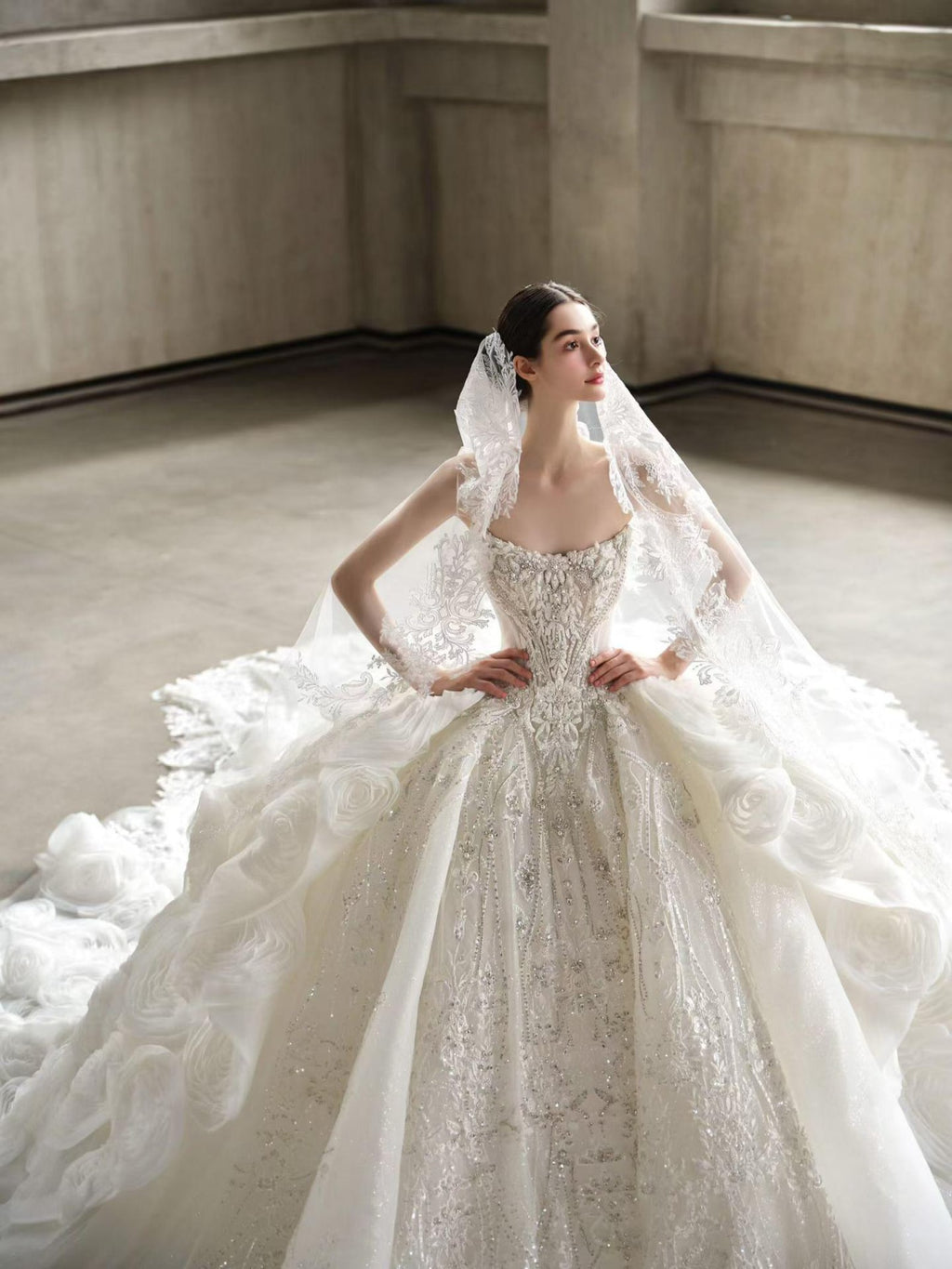 Luxury Heavy Beaded Lace Wedding Dress with Voluminous Floral Tulle Skirt & Long Train