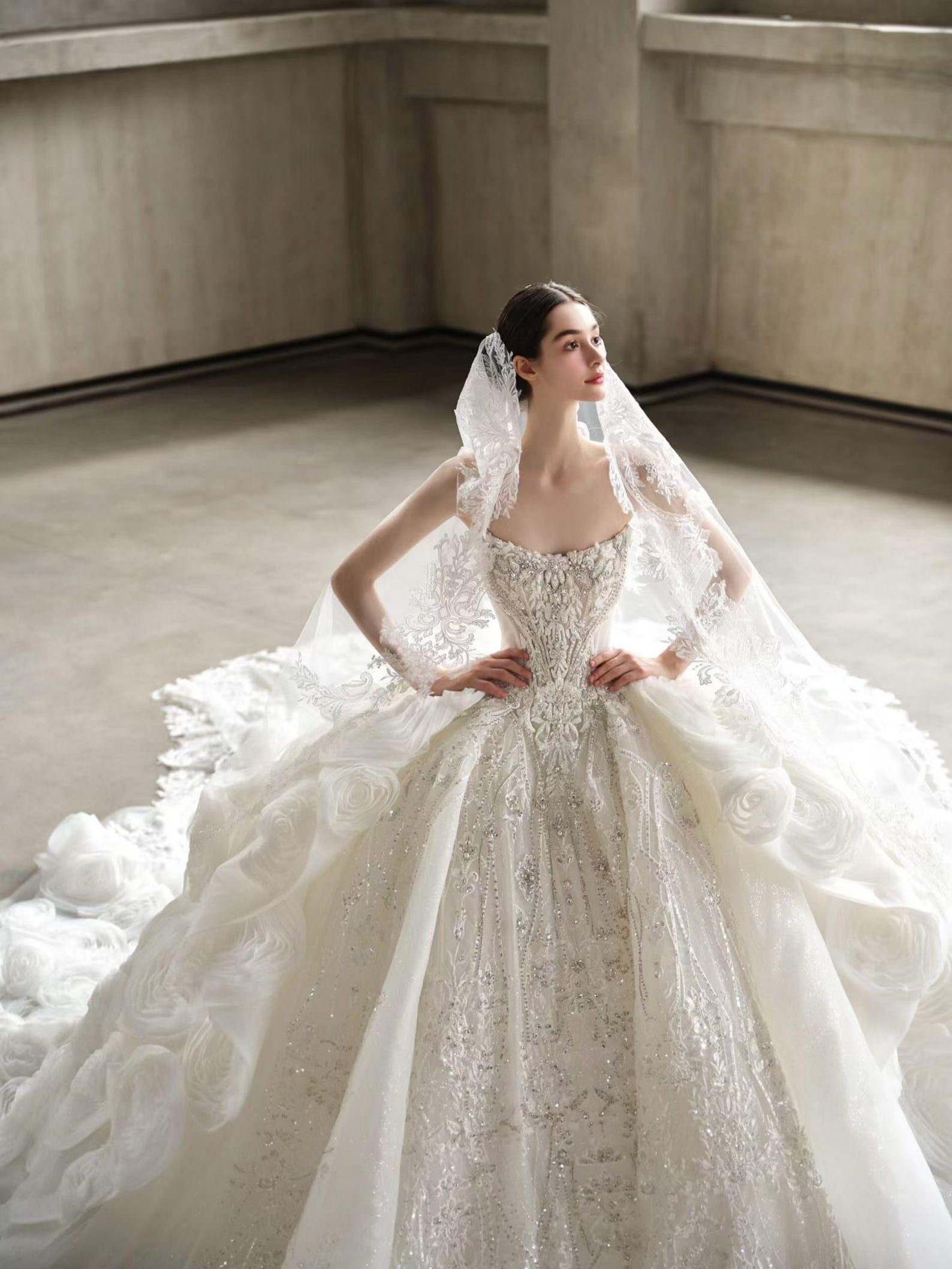 Luxury Heavy Beaded Lace Wedding Dress with Voluminous Floral Tulle Skirt & Long Train