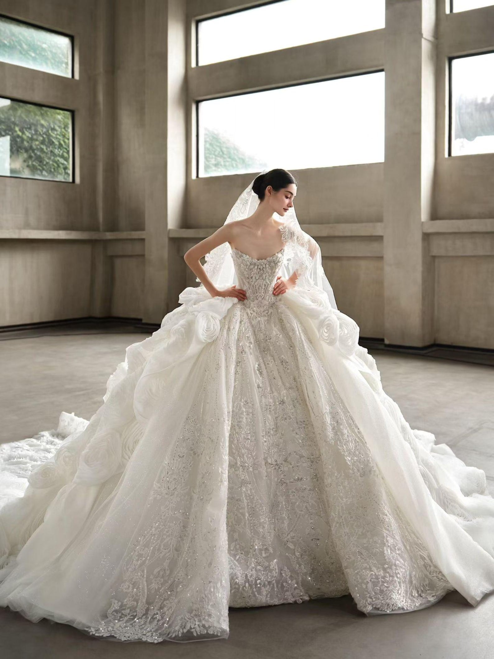Luxury Heavy Beaded Lace Wedding Dress with Voluminous Floral Tulle Skirt & Long Train