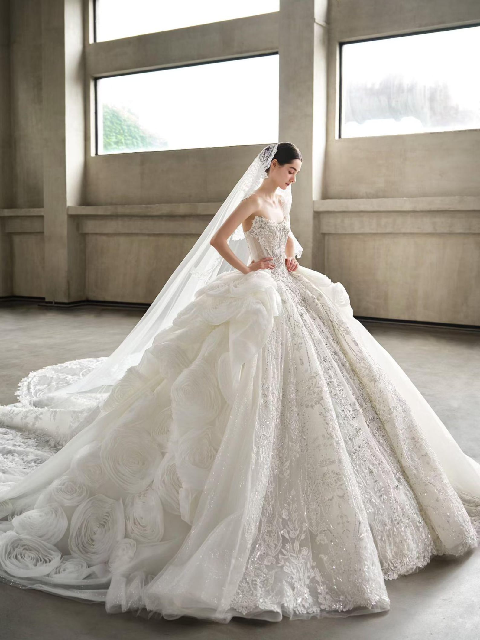 Luxury Heavy Beaded Lace Wedding Dress with Voluminous Floral Tulle Skirt & Long Train
