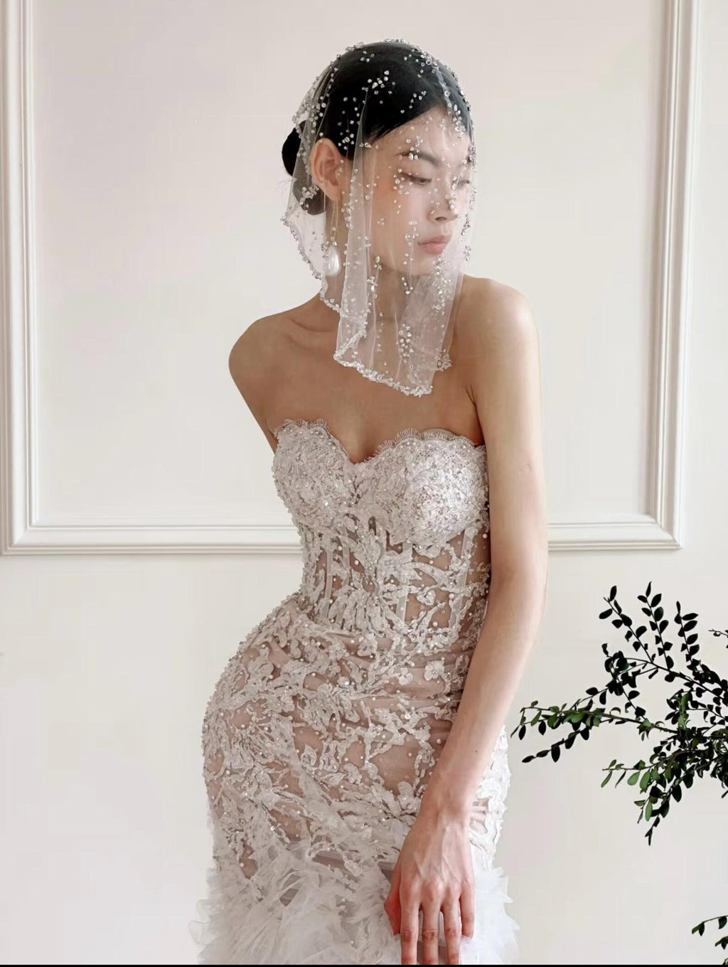 Strapless Mermaid Wedding Dress, Lace Beaded, Long Tulle Train