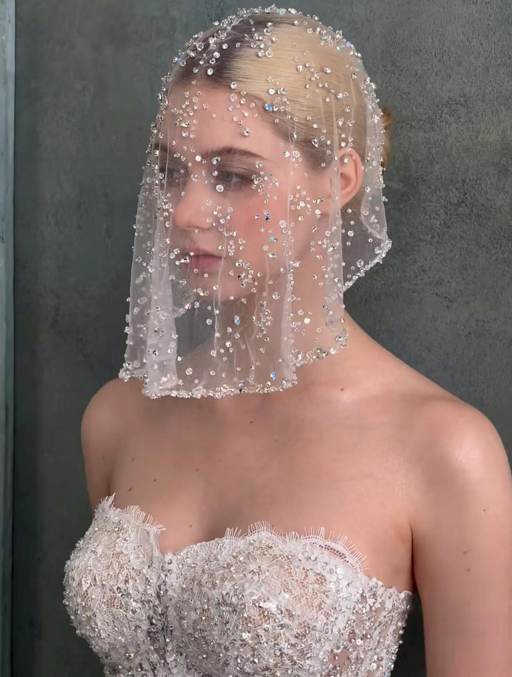 Strapless Mermaid Wedding Dress, Lace Beaded, Long Tulle Train