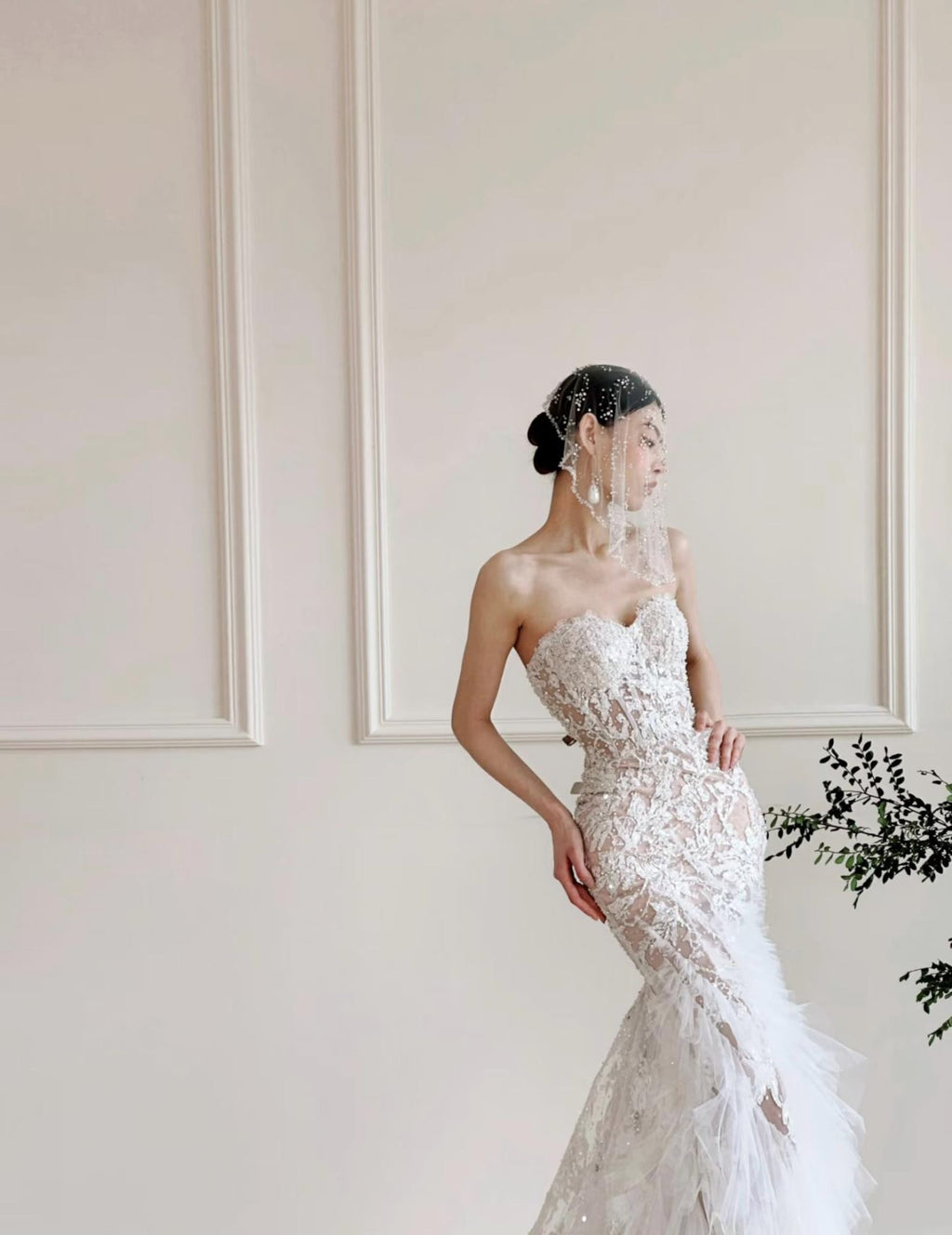 Strapless Mermaid Wedding Dress, Lace Beaded, Long Tulle Train