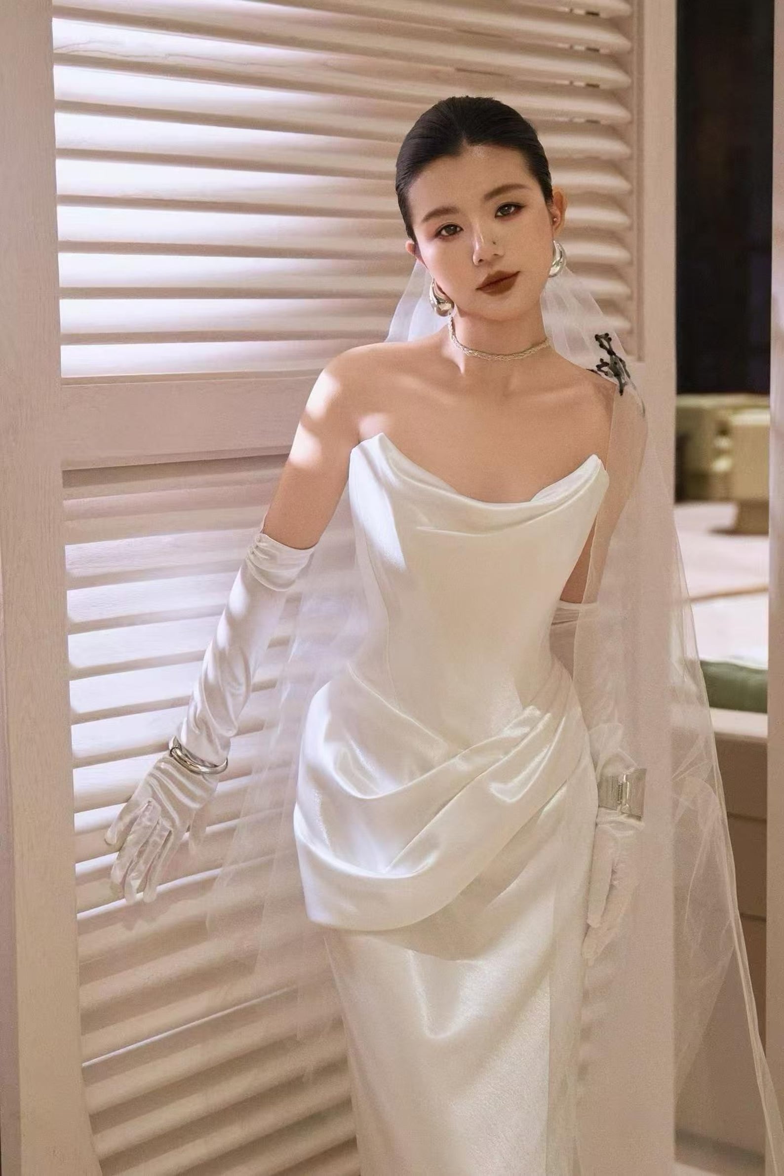 Satin Strapless Mermaid Wedding Dress, Draped Cowl Neck Bridal Gown with Train