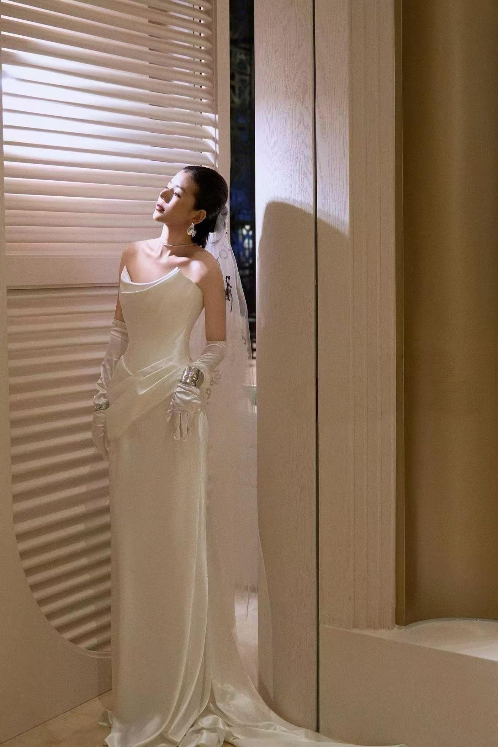 Satin Strapless Mermaid Wedding Dress, Draped Cowl Neck Bridal Gown with Train