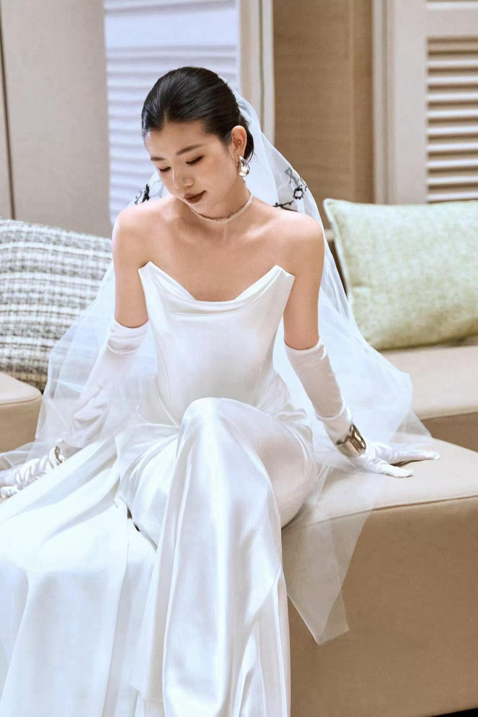 Satin Strapless Mermaid Wedding Dress, Draped Cowl Neck Bridal Gown with Train