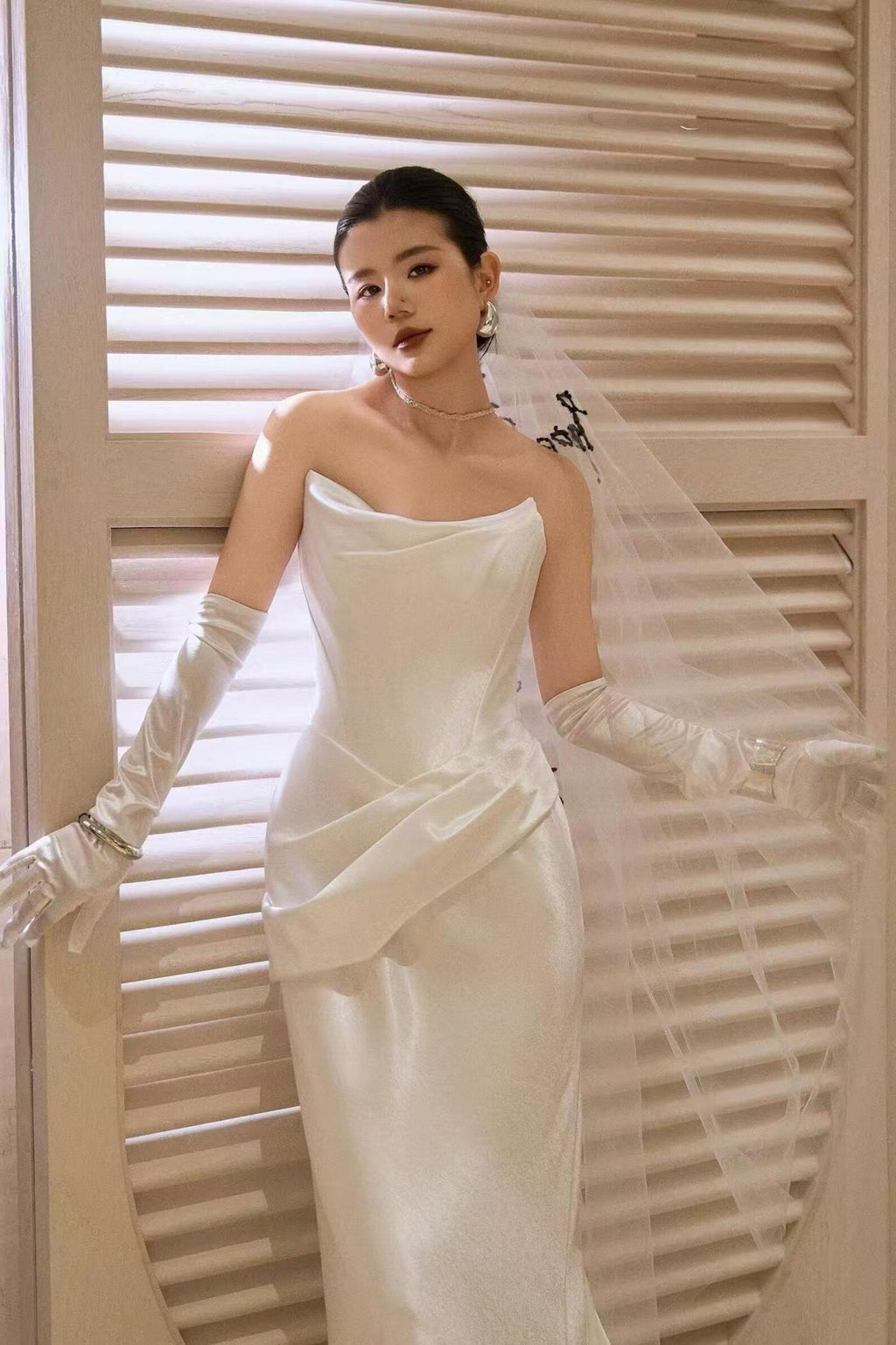 Satin Strapless Mermaid Wedding Dress, Draped Cowl Neck Bridal Gown with Train