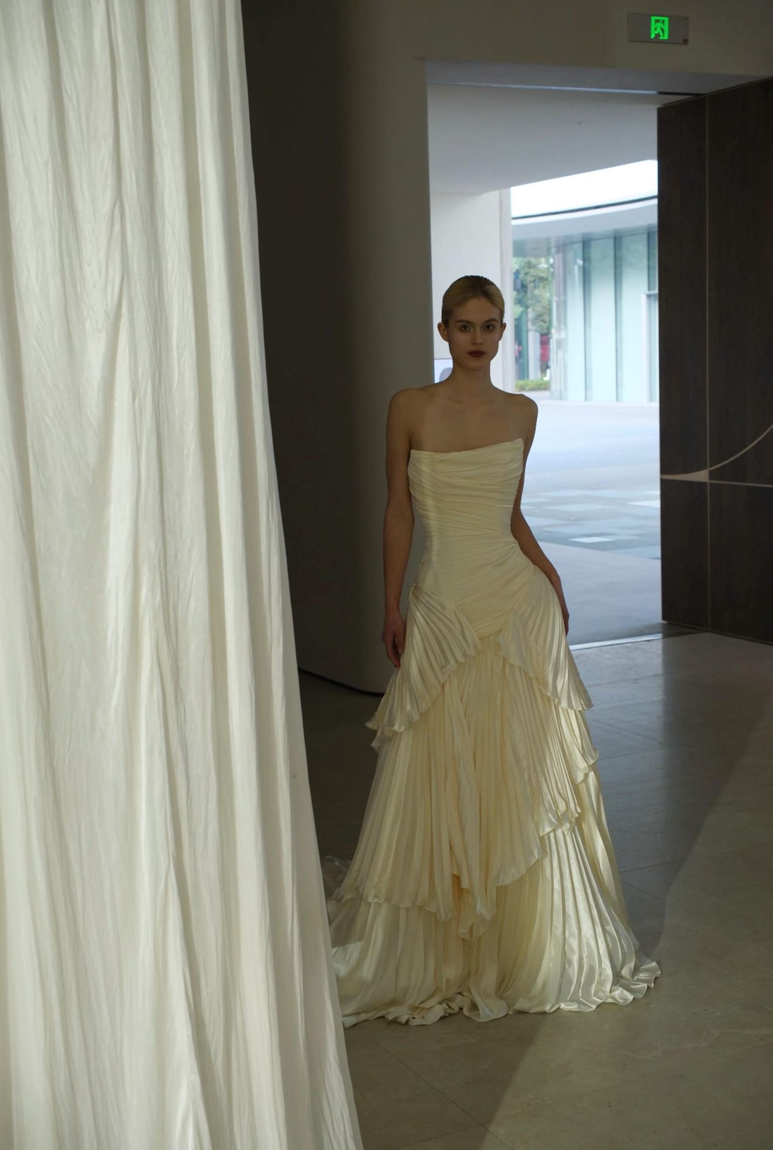 Pleated Strapless Tiered Wedding Dress, Ruffled Bridal Gown