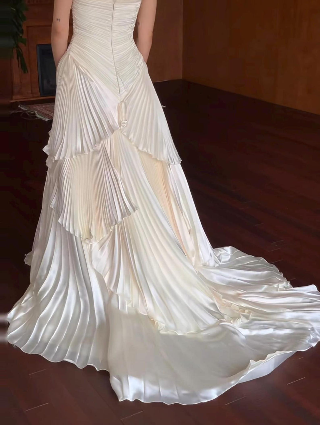 Pleated Strapless Tiered Wedding Dress, Ruffled Bridal Gown