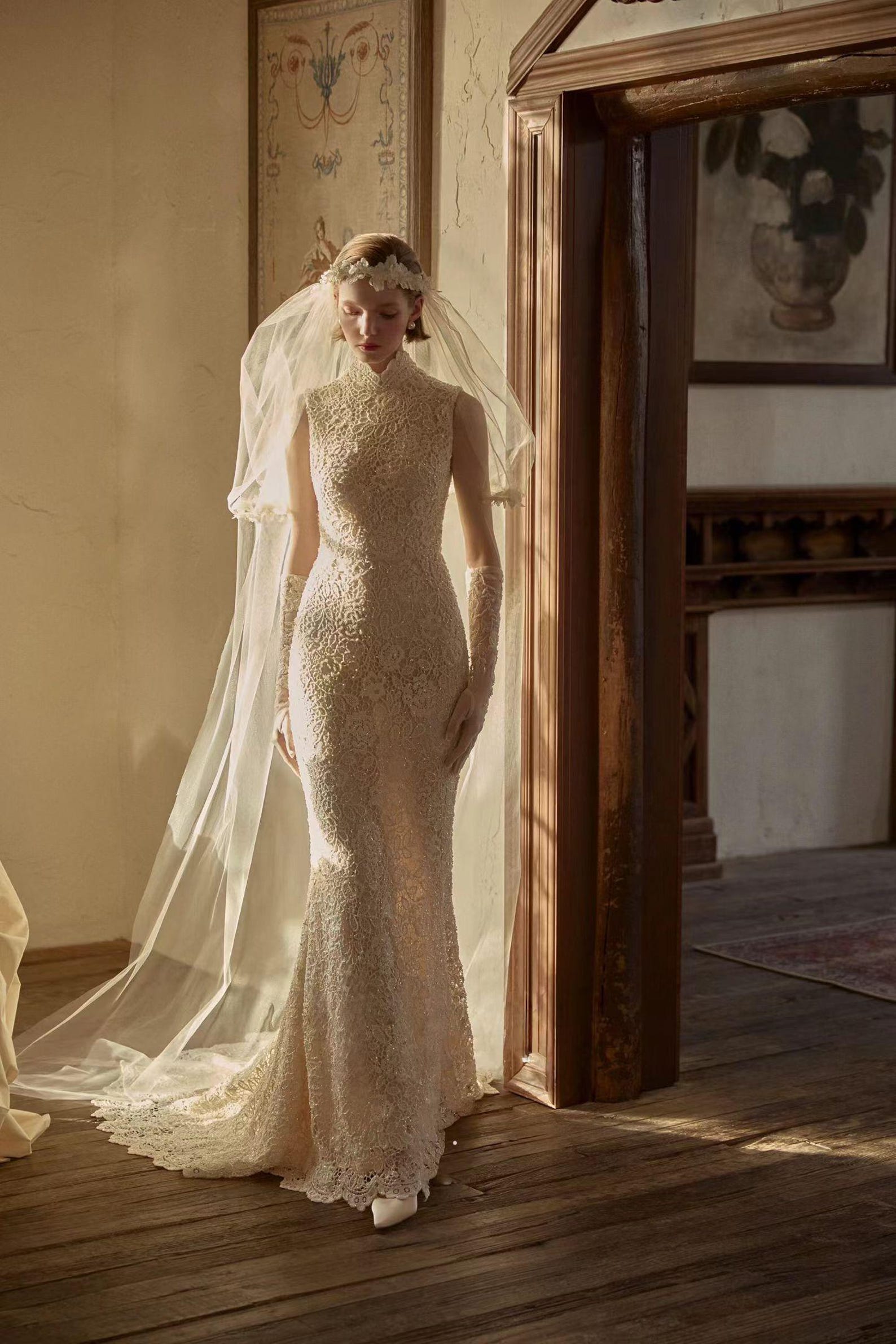 Vintage High Neck Lace Mermaid Wedding Dress, Sleeveless Beaded Bridal Gown With Long Train