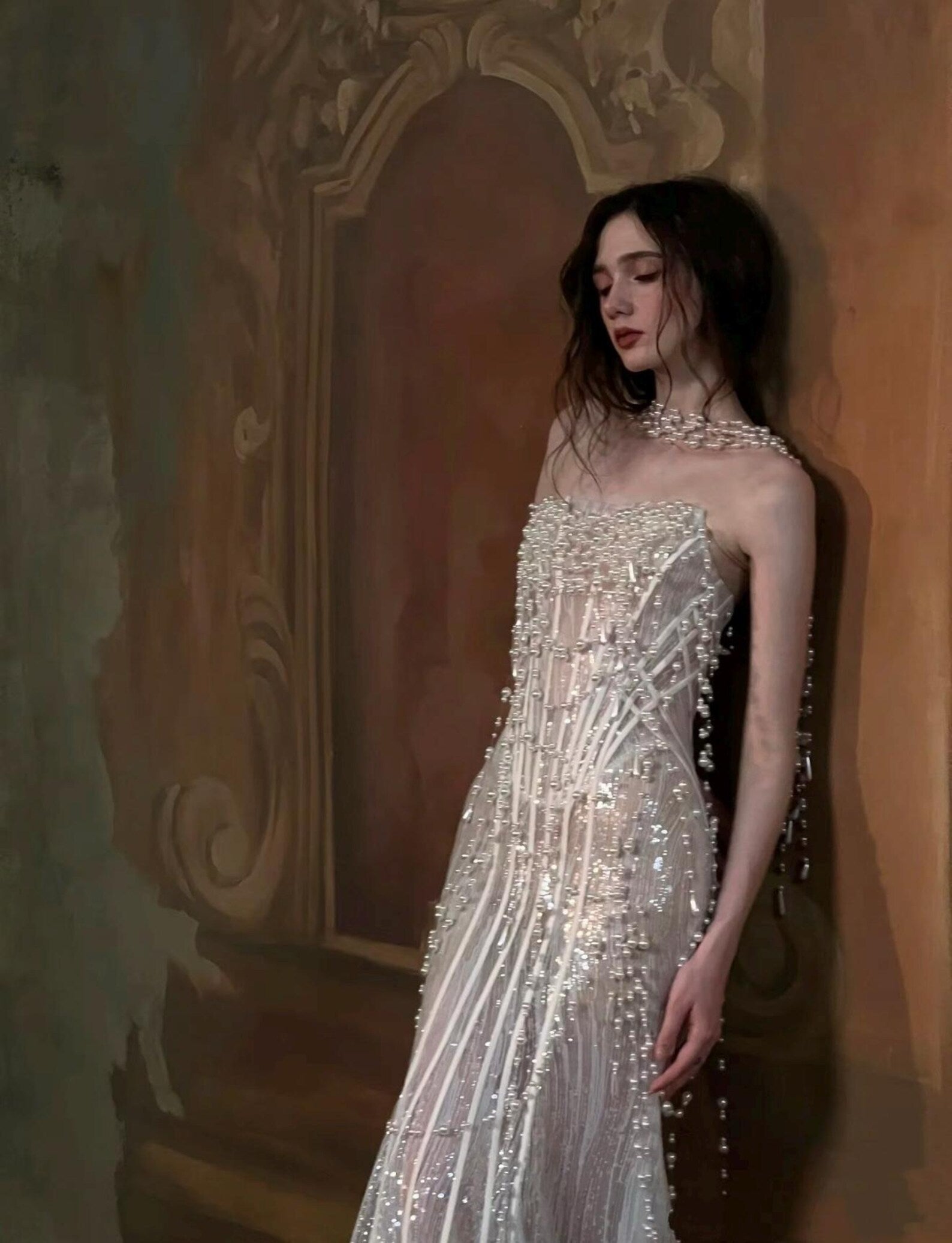 Luxury Hand Sewn Pearl Streamer Fit And Flare Wedding Gown, Glitter Mesh See Through Bride Dress