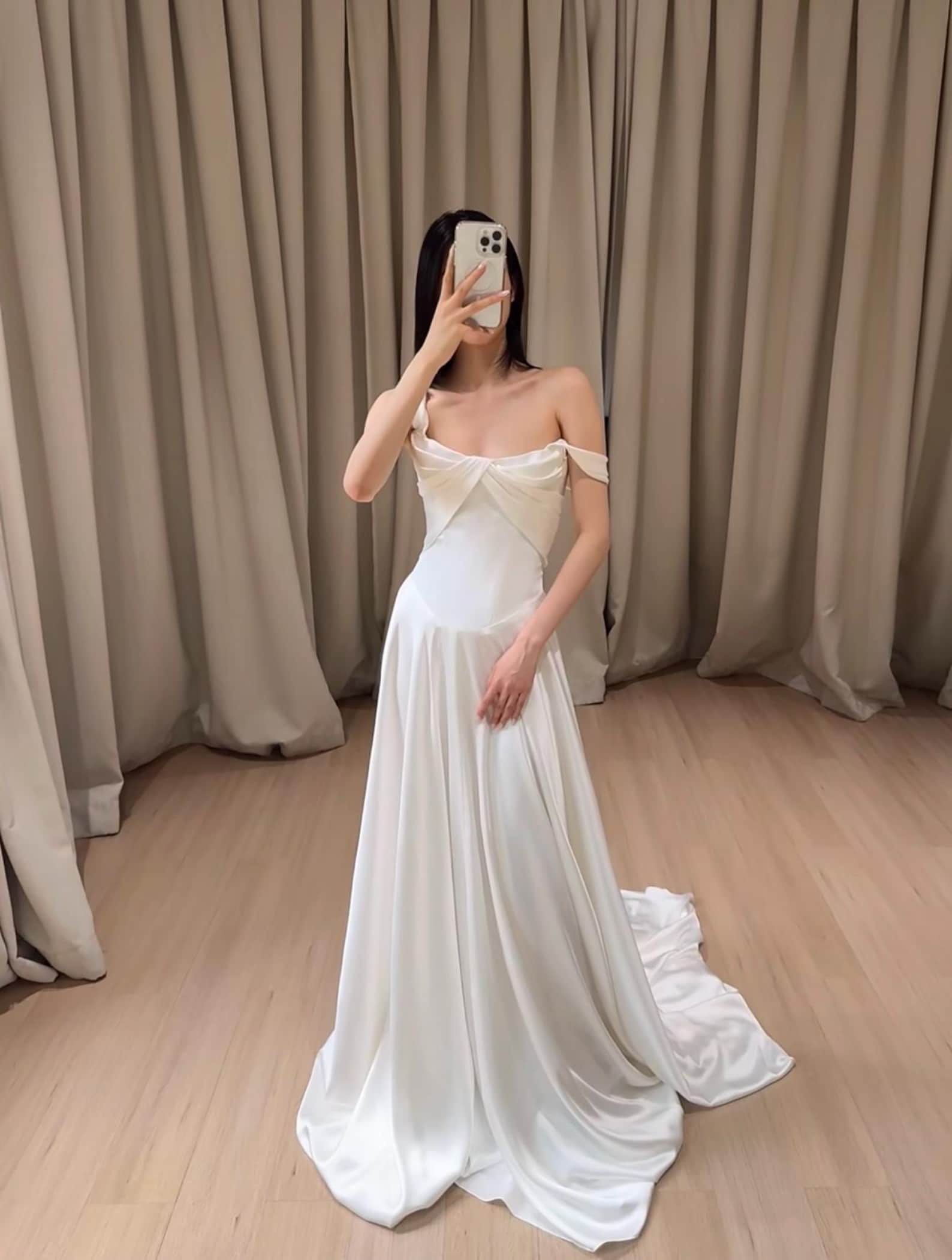 Satin Off Shoulder Twist Minimalist Wedding Dress