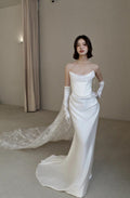 Minimalist Ivory Satin Wedding Gown, Single Pearl Chain Strap Mermaid Dress, Lace Applique Detachable Train Bride Dress