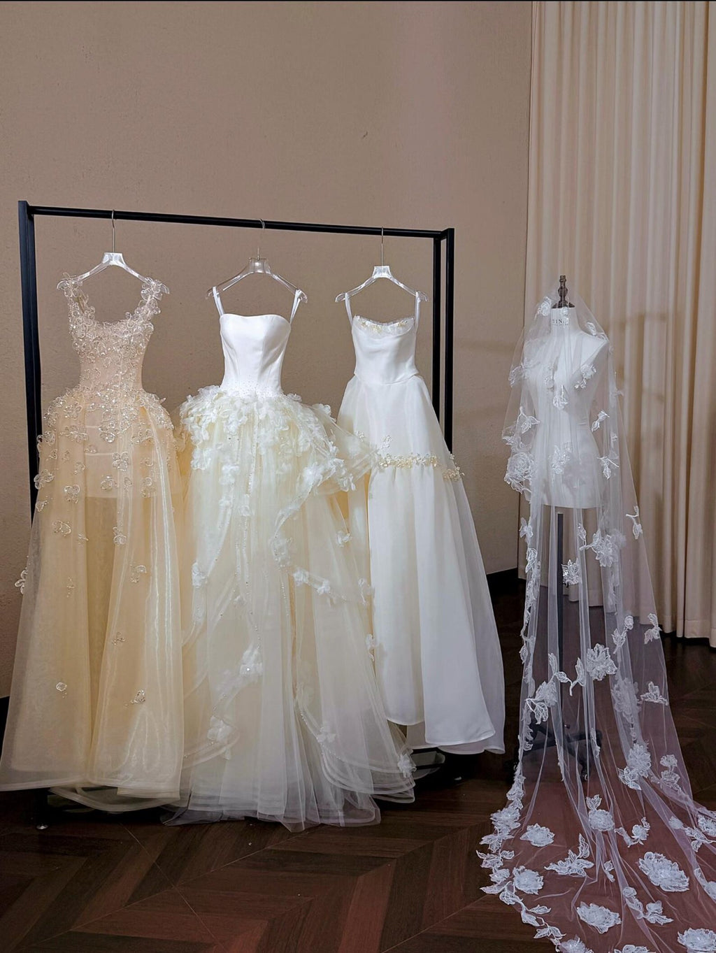 Minimalist Matte Satin Strapless Bridal Gown, Handmade Floral A Line Dress for Garden Wedding