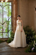 Minimalist Matte Satin Strapless Bridal Gown, Handmade Floral A Line Dress for Garden Wedding