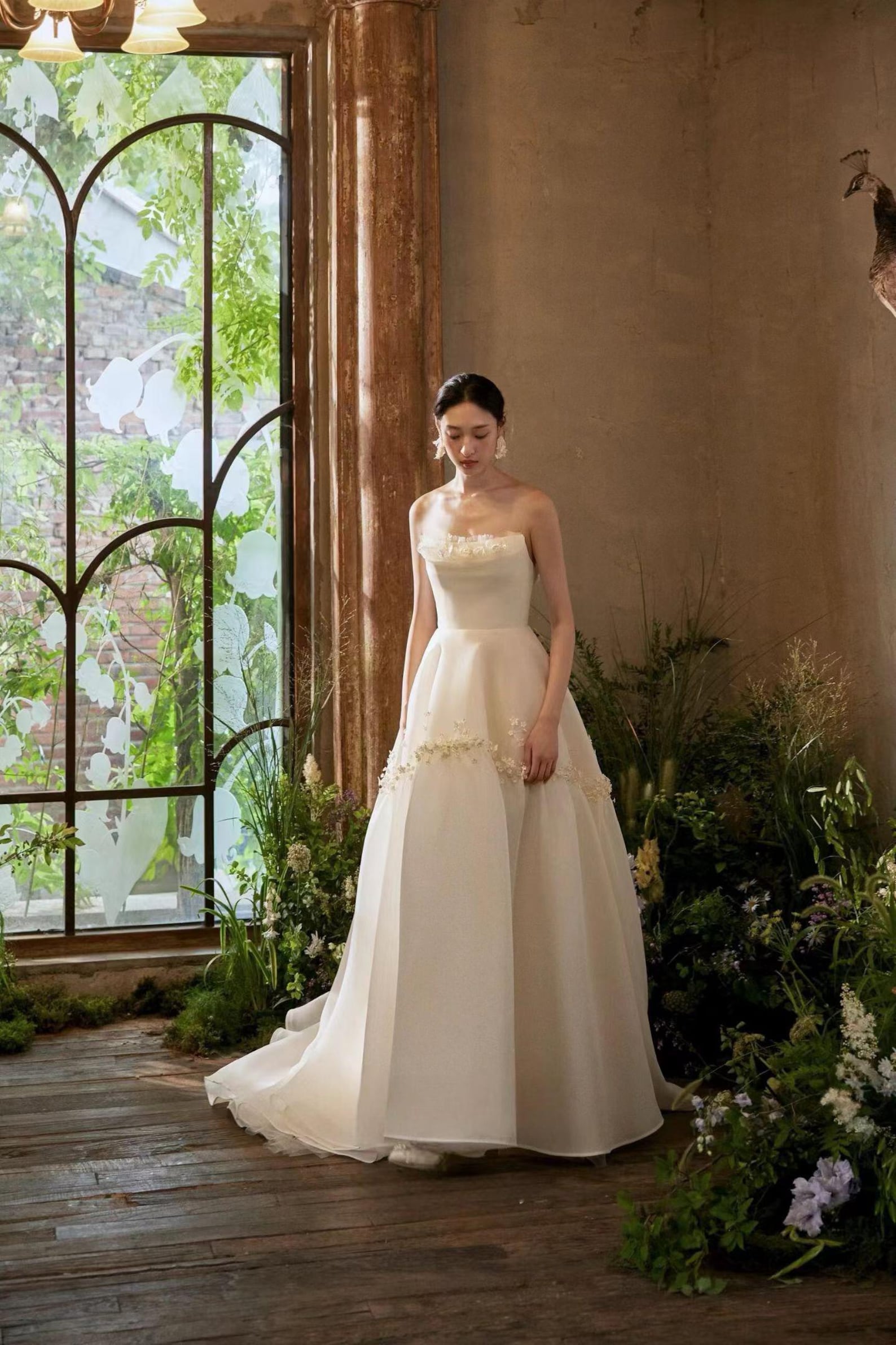 Minimalist Matte Satin Strapless Bridal Gown, Handmade Floral A Line Dress for Garden Wedding