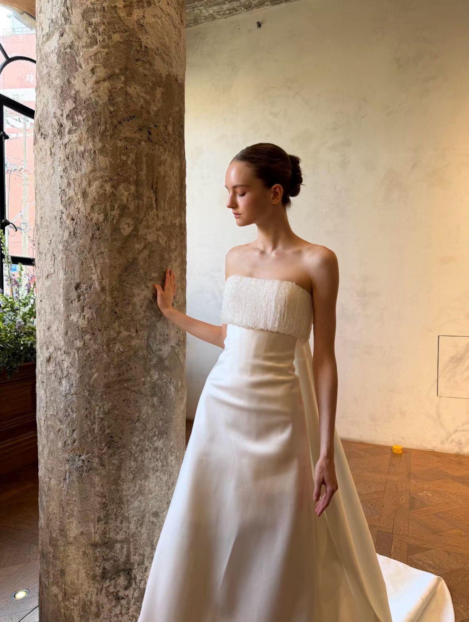Beaded Fringe Tube Top Satin Wedding Gown Bow Back A Line Bridal Dress