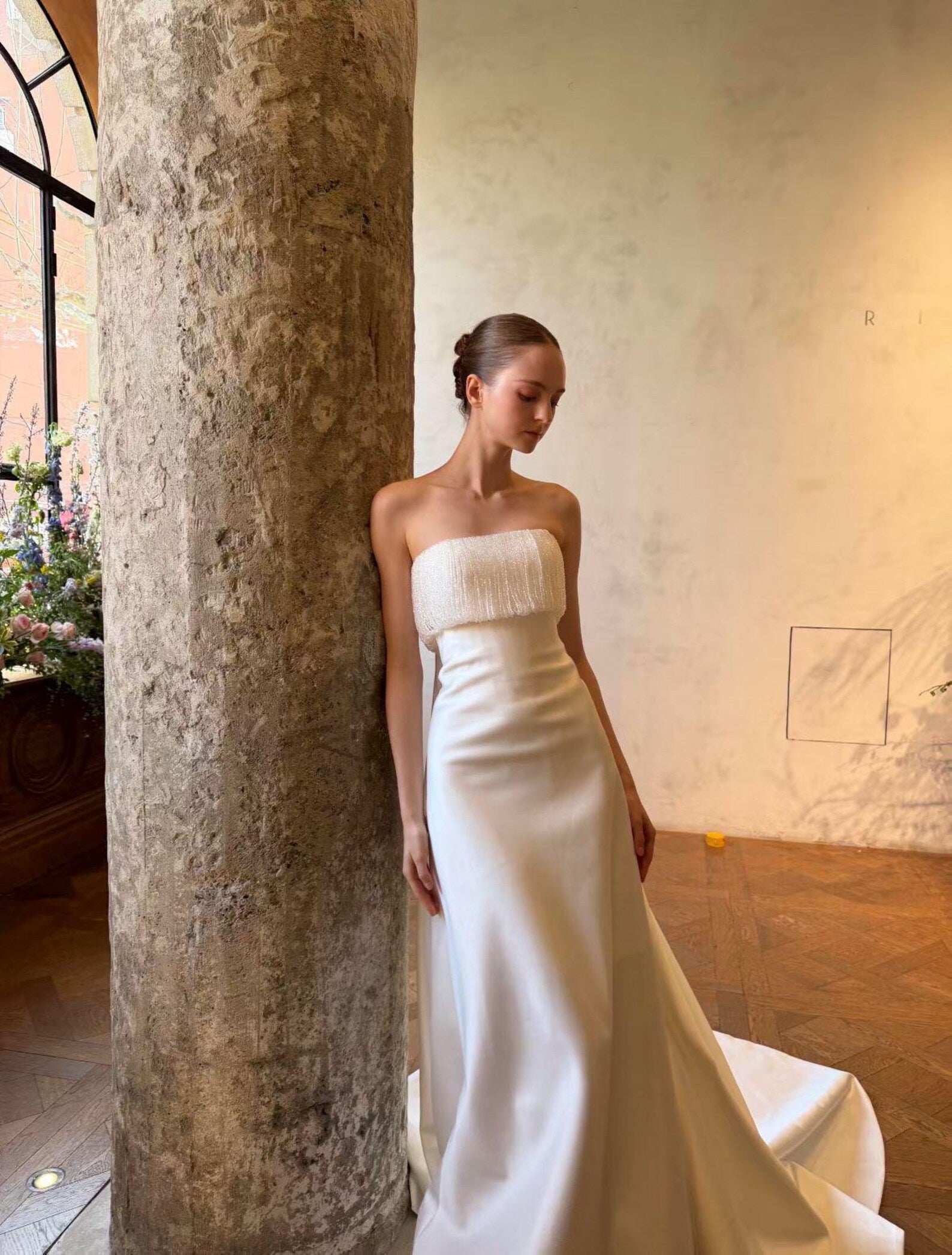 Beaded Fringe Tube Top Satin Wedding Gown Bow Back A Line Bridal Dress
