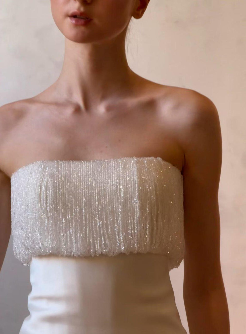 Beaded Fringe Tube Top Satin Wedding Gown Bow Back A Line Bridal Dress
