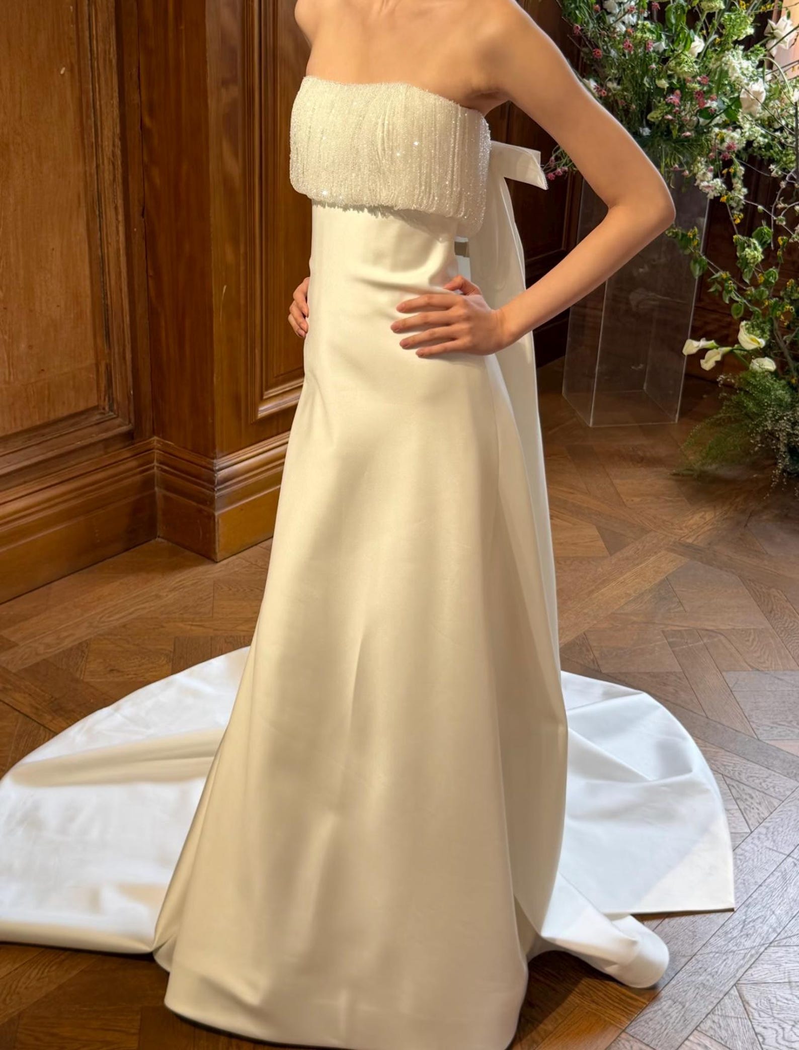 Beaded Fringe Tube Top Satin Wedding Gown Bow Back A Line Bridal Dress