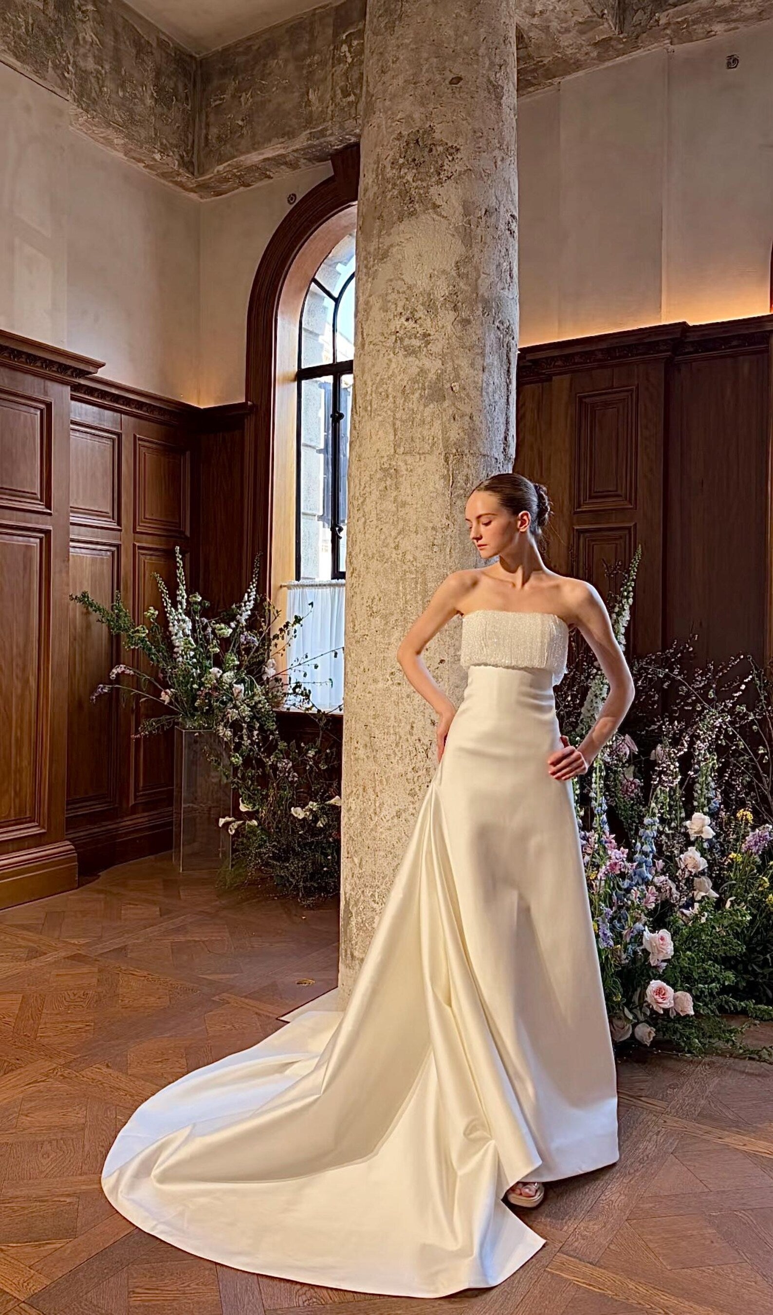 Beaded Fringe Tube Top Satin Wedding Gown Bow Back A Line Bridal Dress