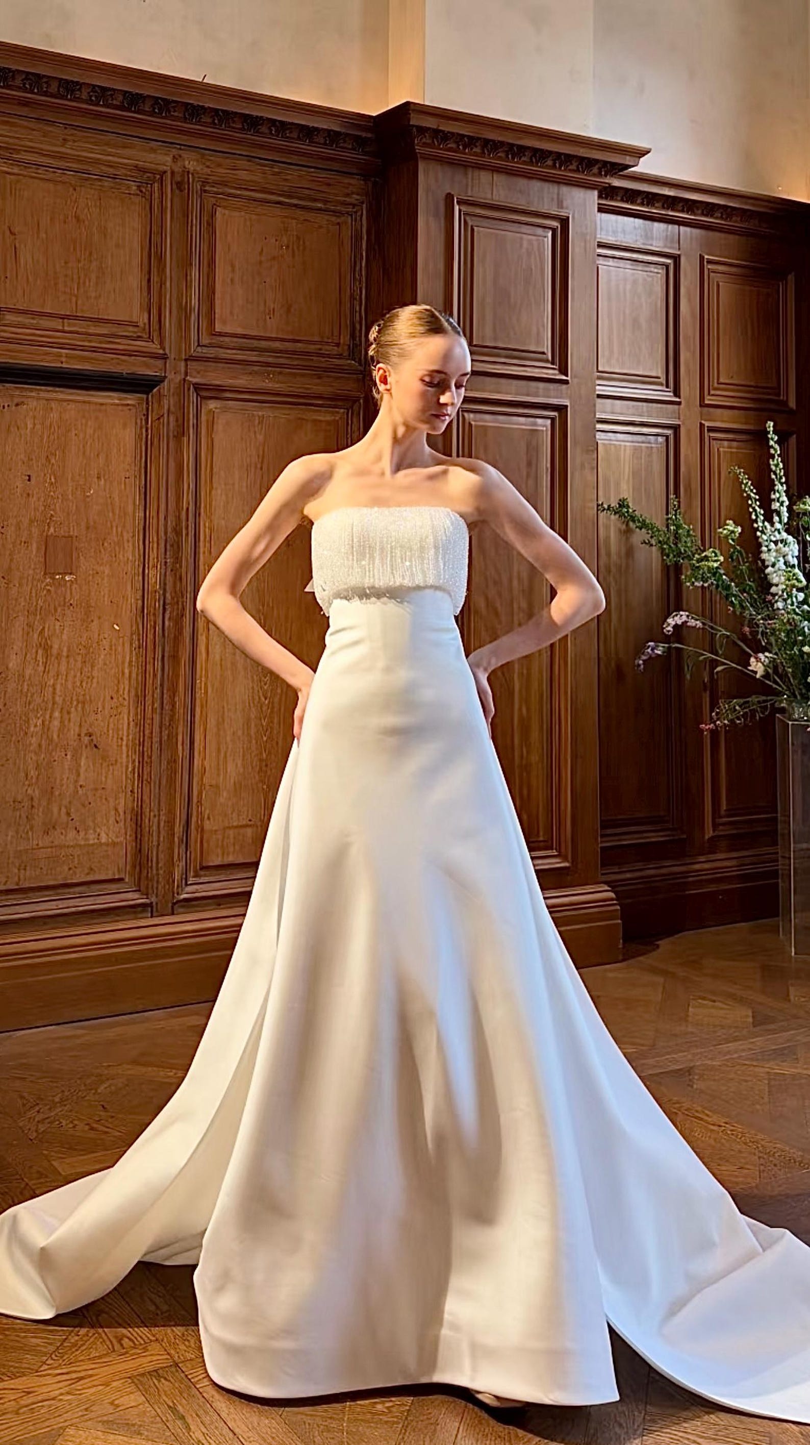 Beaded Fringe Tube Top Satin Wedding Gown Bow Back A Line Bridal Dress