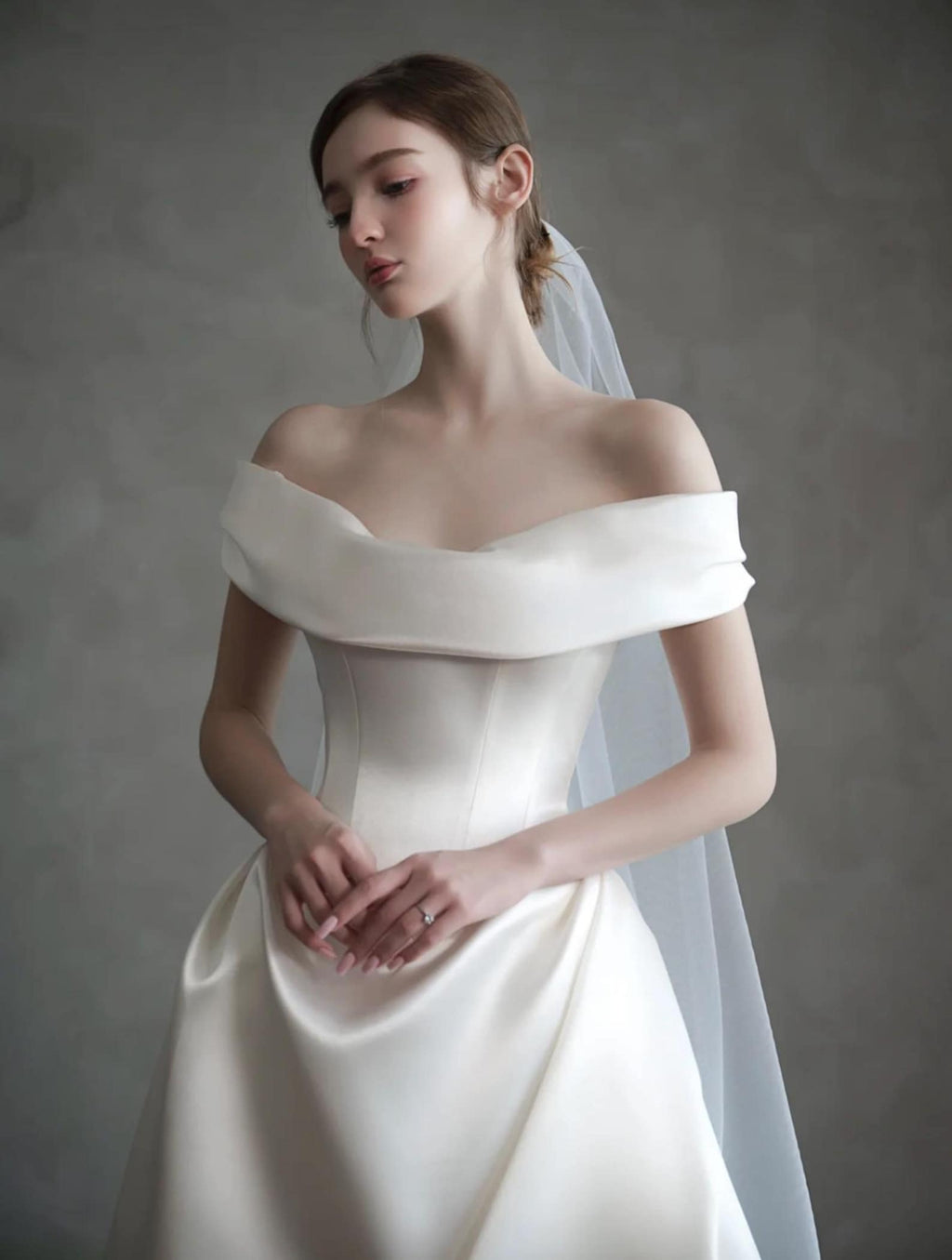 Off Shoulder Satin A Line Wedding Dress Minimalist Long Train Ivory Bridal Gown