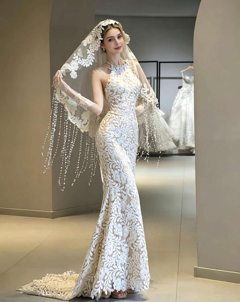 Vintage Lace Mermaid Wedding Dress, Halter Bridal Gown With Floral Veil & Pearl Tassels, Fitted Nude Lining Wedding Gown For Elopement