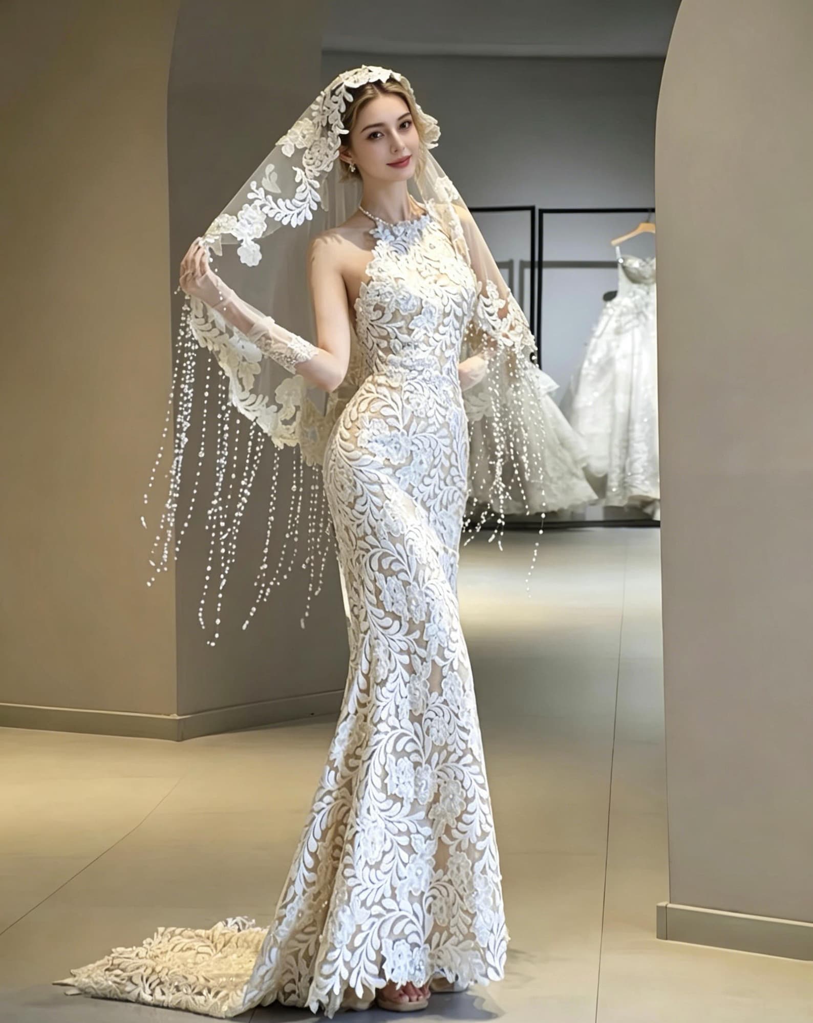 Vintage Lace Mermaid Wedding Dress, Halter Bridal Gown With Floral Veil & Pearl Tassels, Fitted Nude Lining Wedding Gown For Elopement