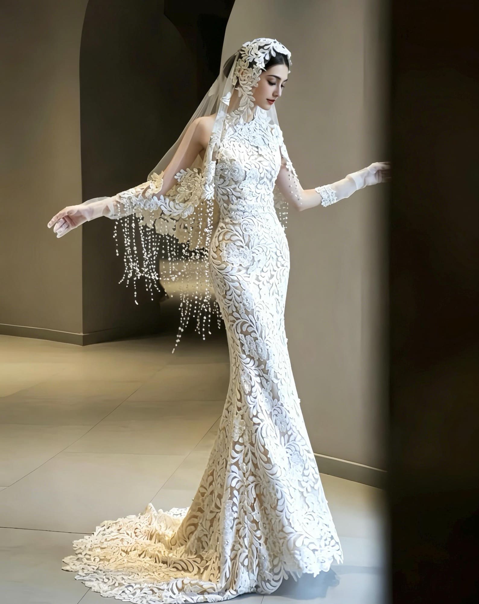 Vintage Lace Mermaid Wedding Dress, Halter Bridal Gown With Floral Veil & Pearl Tassels, Fitted Nude Lining Wedding Gown For Elopement
