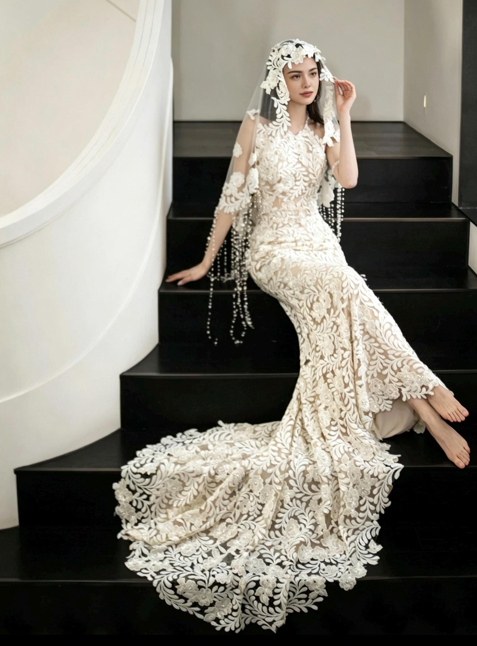 Vintage Lace Mermaid Wedding Dress, Halter Bridal Gown With Floral Veil & Pearl Tassels, Fitted Nude Lining Wedding Gown For Elopement
