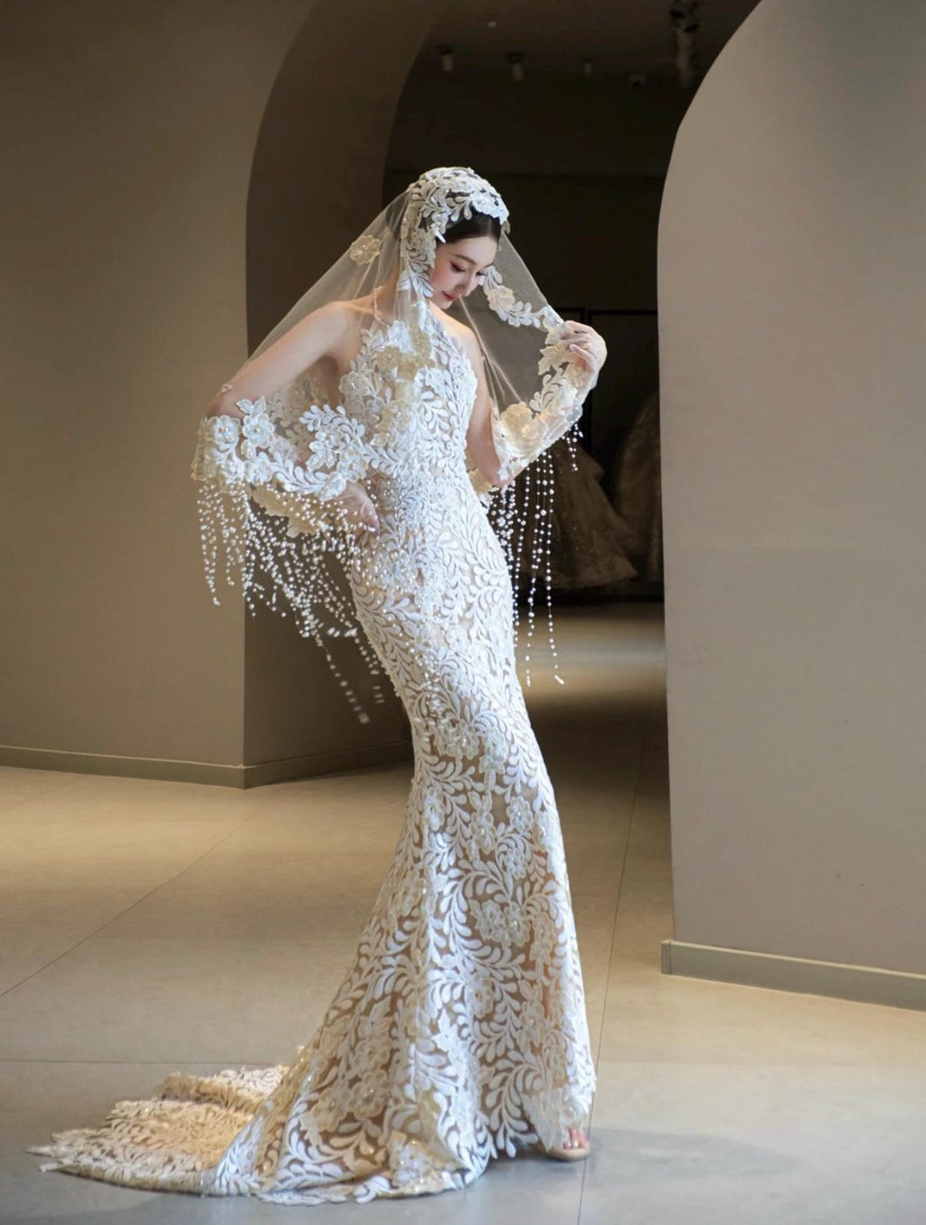 Vintage Lace Mermaid Wedding Dress, Halter Bridal Gown With Floral Veil & Pearl Tassels, Fitted Nude Lining Wedding Gown For Elopement