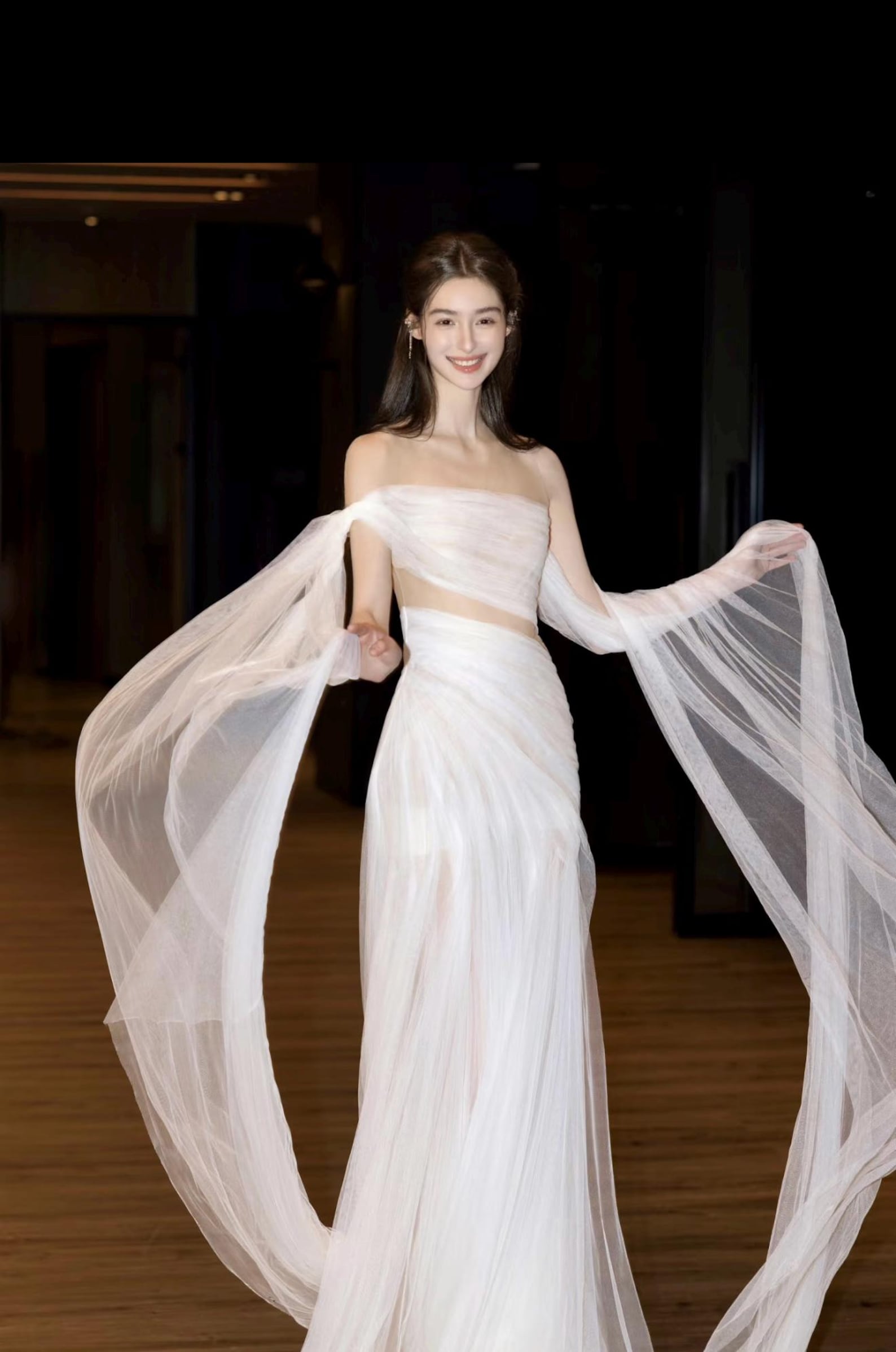 Strapless Ruched Tulle Evening Gown, Waist Cutout Bridal Dress, Long Flowing Sheer Trailing Sleeves, Romantic Wedding Reception Dress