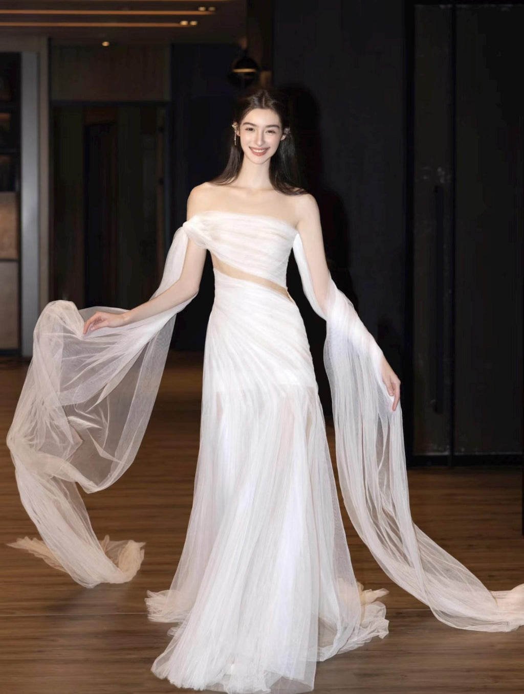 Strapless Ruched Tulle Evening Gown, Waist Cutout Bridal Dress, Long Flowing Sheer Trailing Sleeves, Romantic Wedding Reception Dress