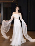 Strapless Ruched Tulle Evening Gown, Waist Cutout Bridal Dress, Long Flowing Sheer Trailing Sleeves, Romantic Wedding Reception Dress