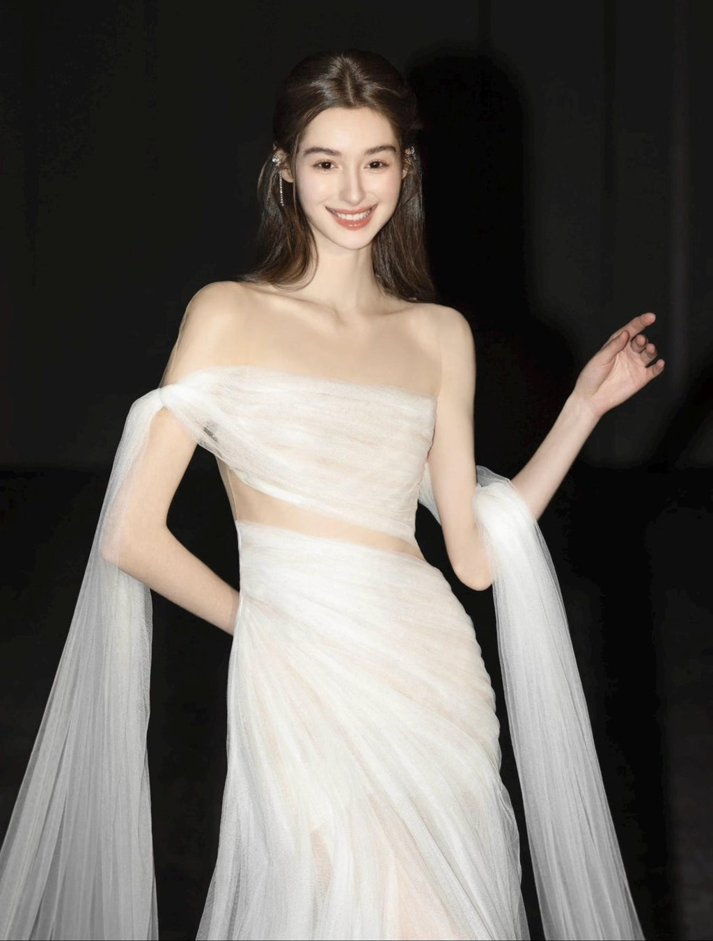 Strapless Ruched Tulle Evening Gown, Waist Cutout Bridal Dress, Long Flowing Sheer Trailing Sleeves, Romantic Wedding Reception Dress