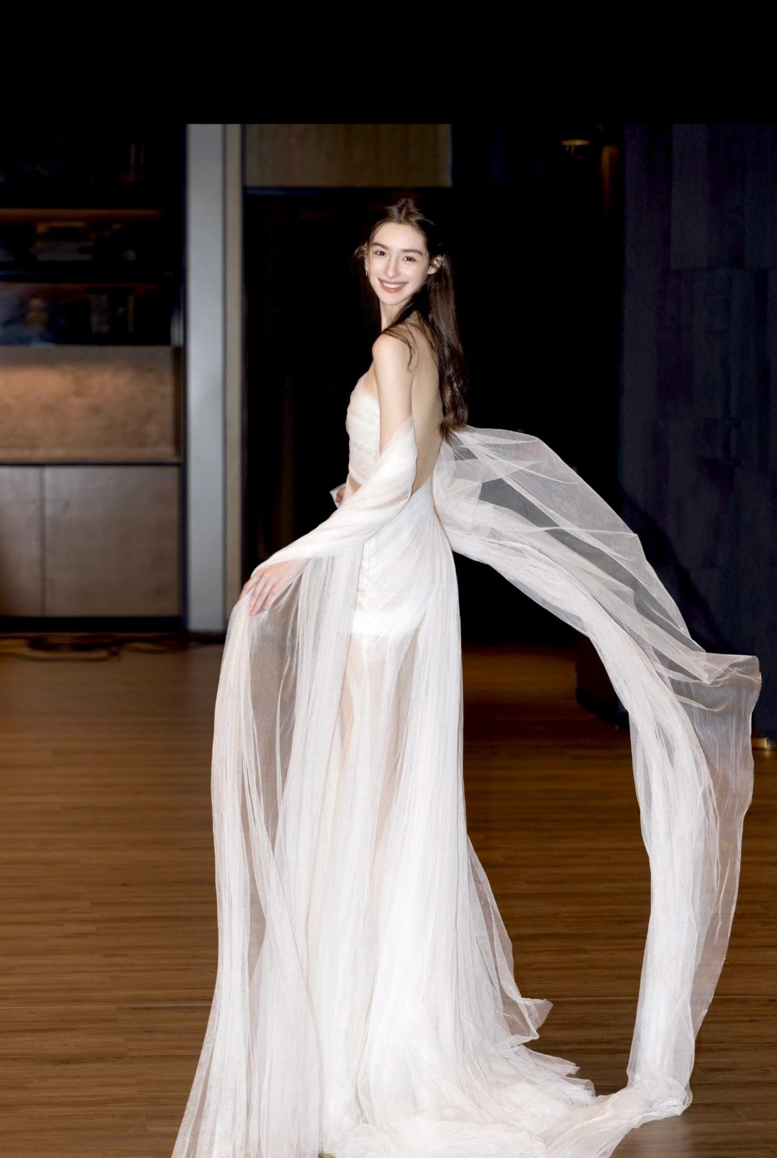 Strapless Ruched Tulle Evening Gown, Waist Cutout Bridal Dress, Long Flowing Sheer Trailing Sleeves, Romantic Wedding Reception Dress