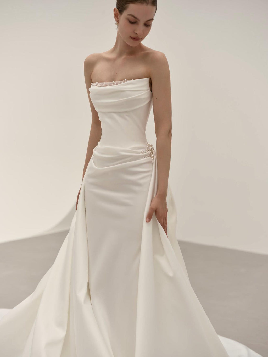 Strapless Satin Mermaid Wedding Dress With Pearl Trim, Draped Long Train Bridal Gown, Minimalist Classic Wedding Gown