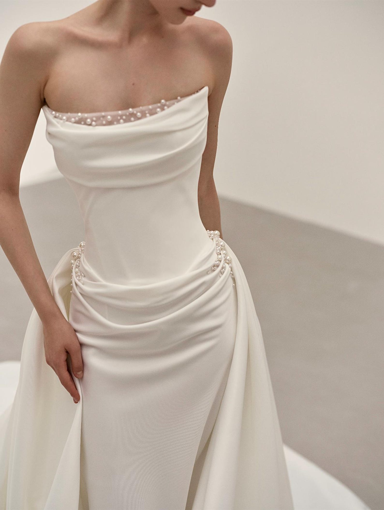 Strapless Satin Mermaid Wedding Dress With Pearl Trim, Draped Long Train Bridal Gown, Minimalist Classic Wedding Gown