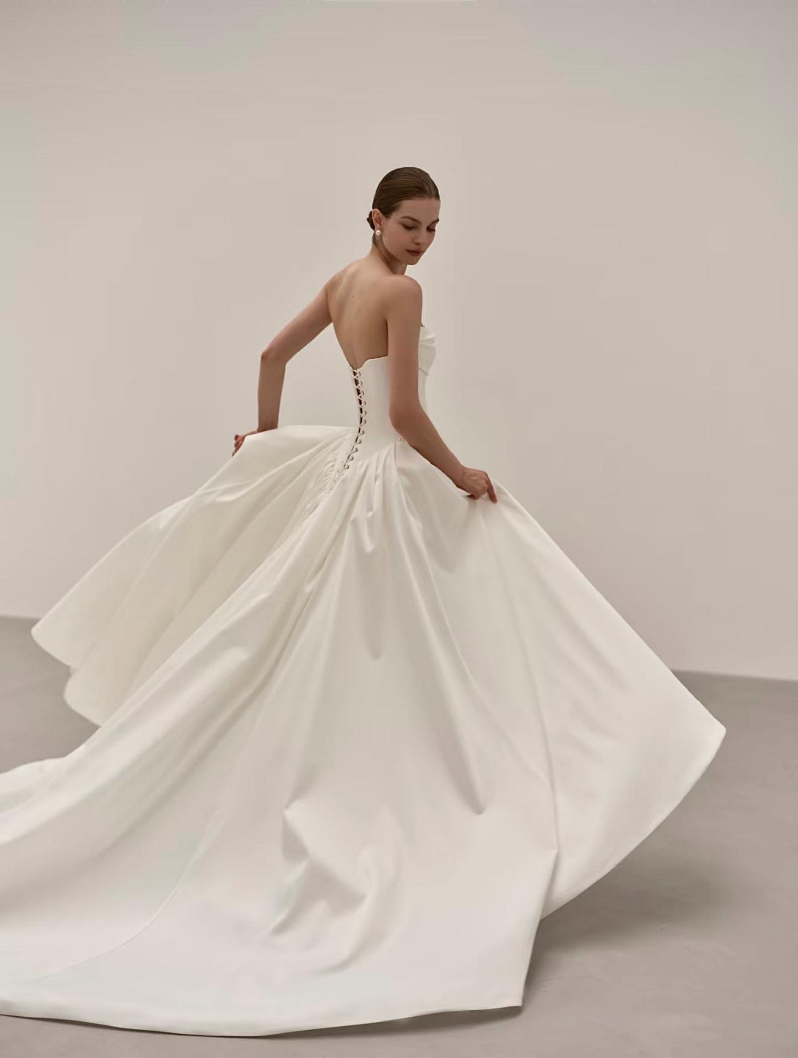 Strapless Satin Mermaid Wedding Dress With Pearl Trim, Draped Long Train Bridal Gown, Minimalist Classic Wedding Gown
