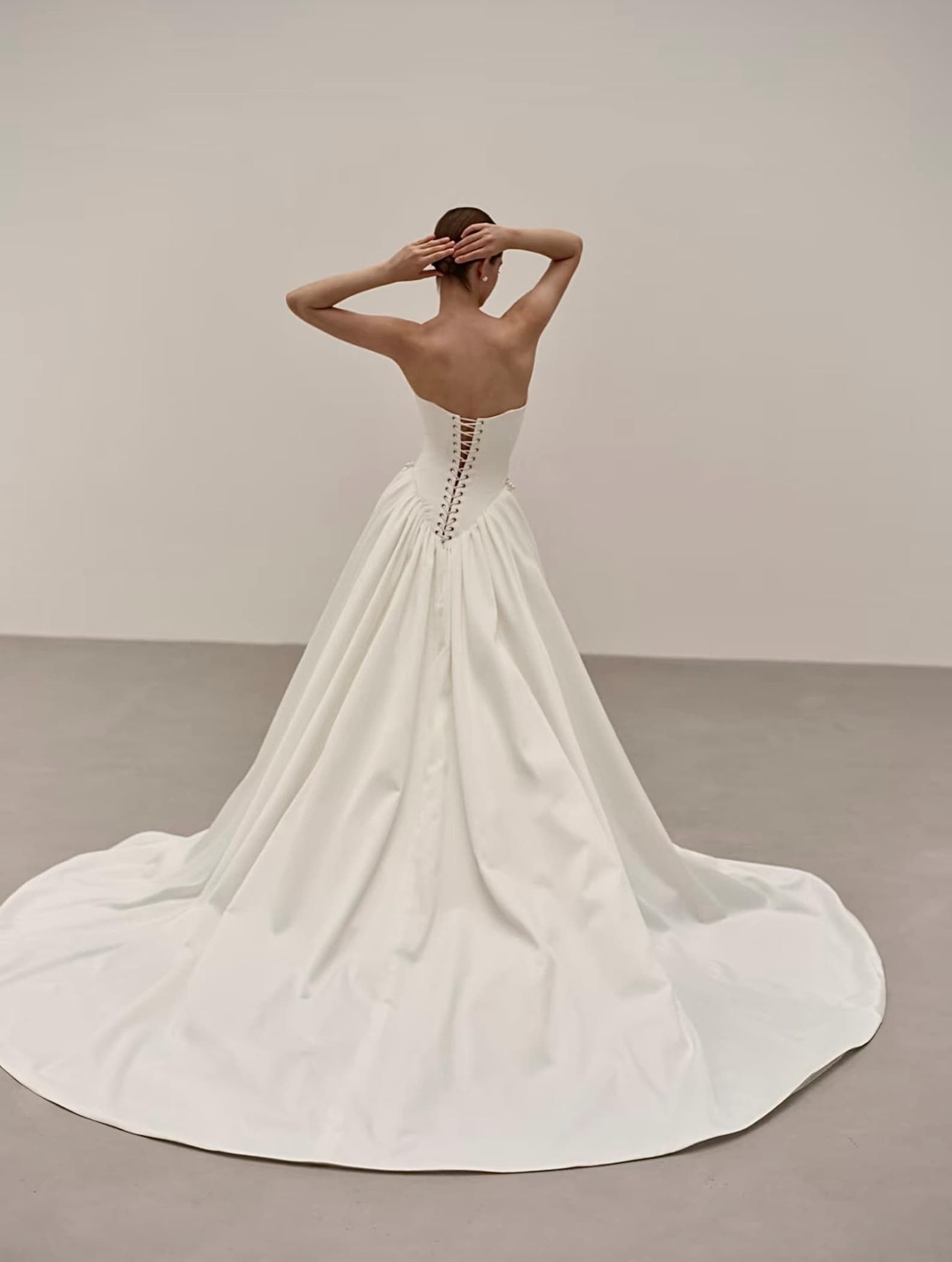 Strapless Satin Mermaid Wedding Dress With Pearl Trim, Draped Long Train Bridal Gown, Minimalist Classic Wedding Gown