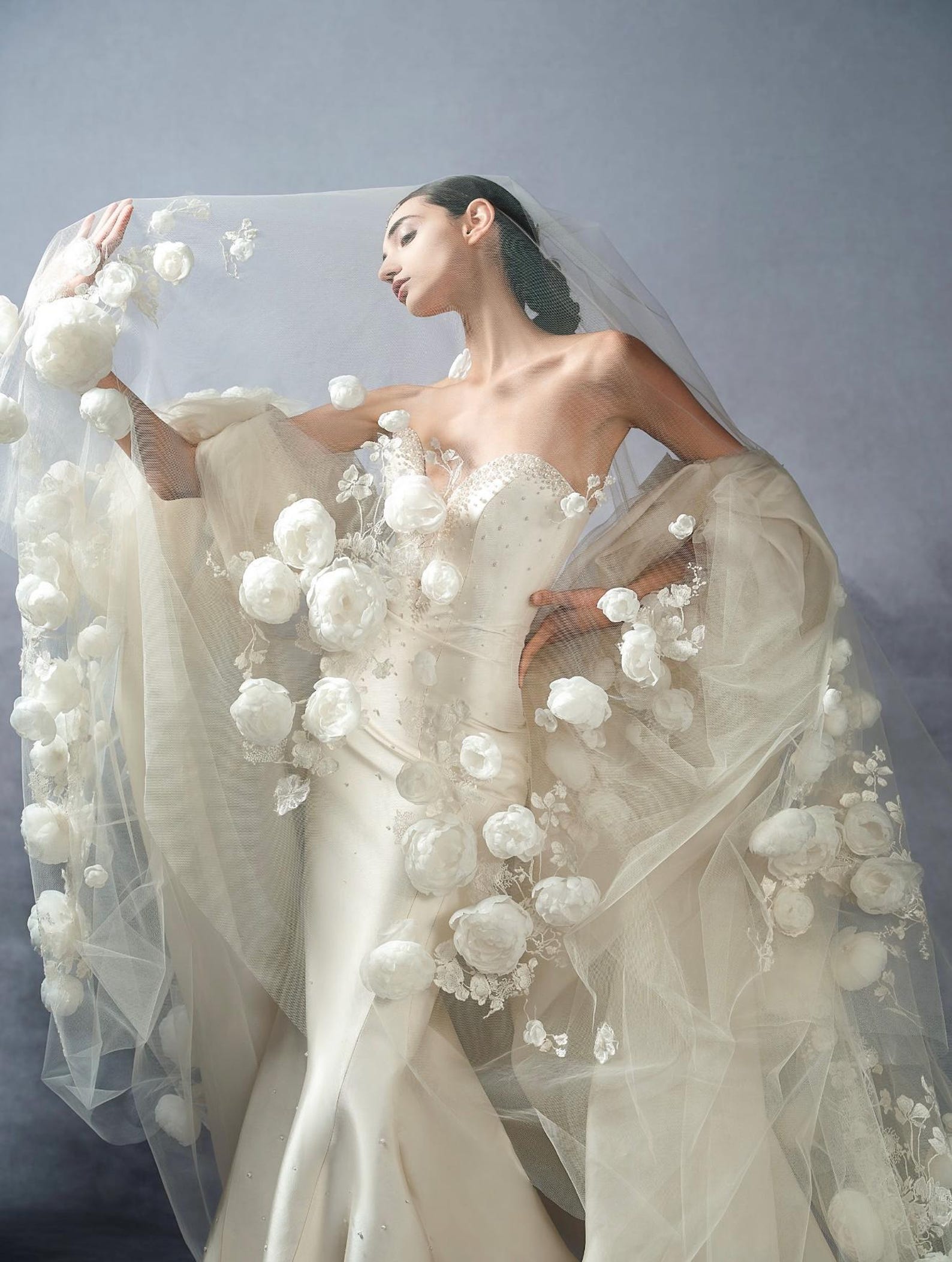 Strapless Deep V Satin Mermaid Wedding Dress with 3D Peony Oversheer Sleeves Luxury Hand Beaded Couture Bridal Gown