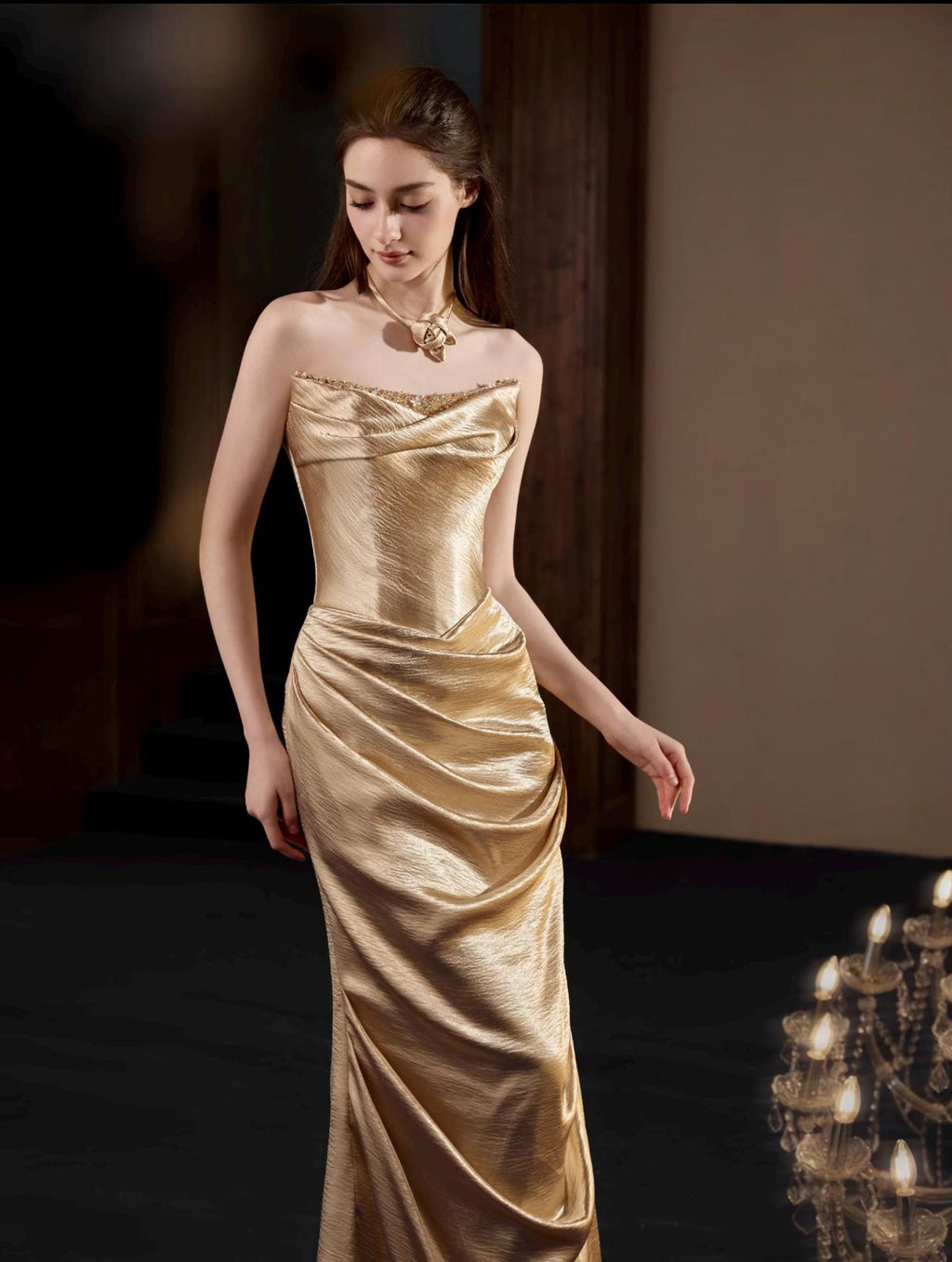 Strapless Champagne Satin Mermaid Evening Gown Draped Ruched Formal Wedding Reception Dress