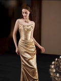 Strapless Champagne Satin Mermaid Evening Gown Draped Ruched Formal Wedding Reception Dress