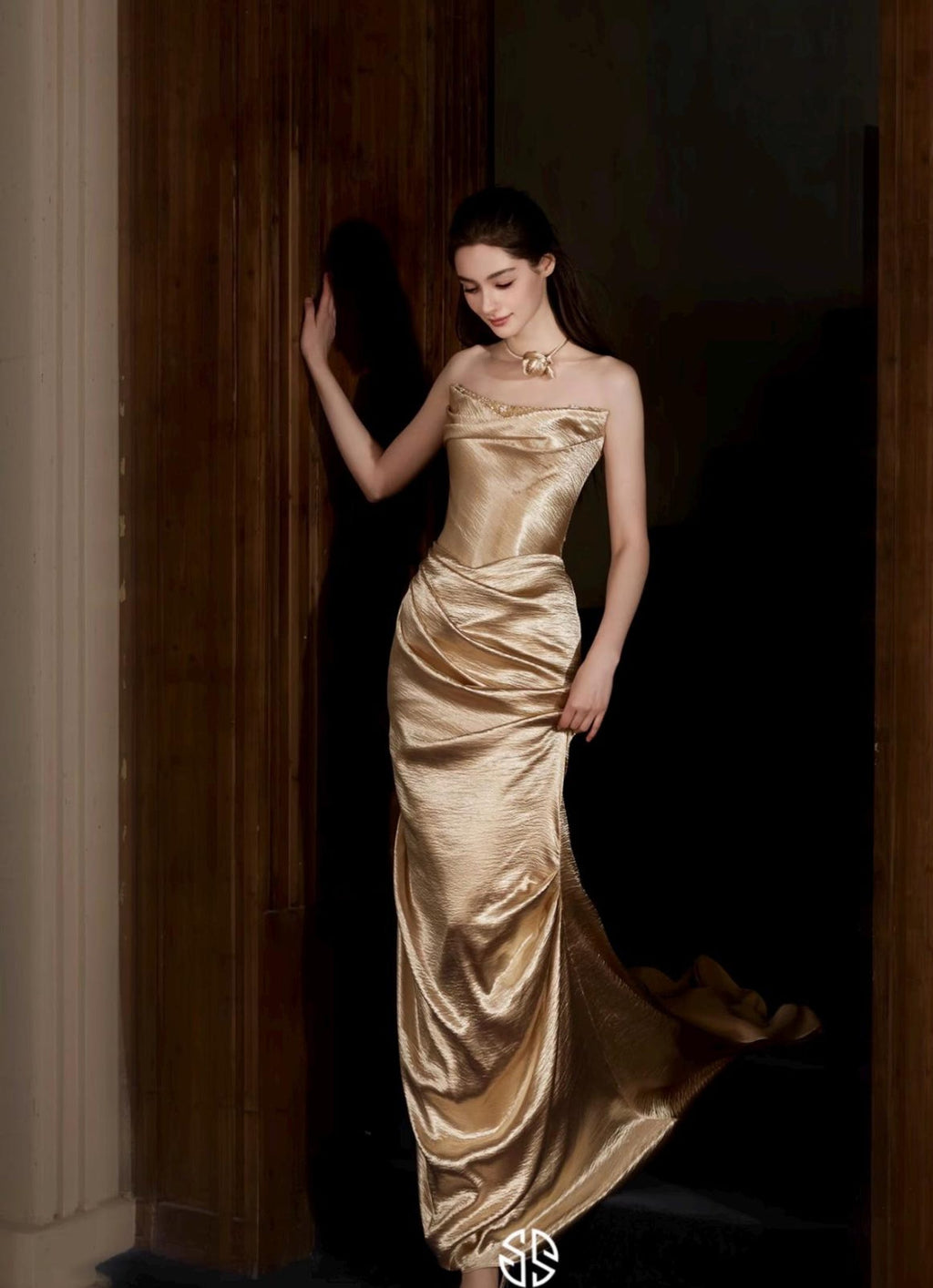 Strapless Champagne Satin Mermaid Evening Gown Draped Ruched Formal Wedding Reception Dress