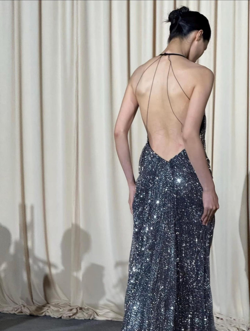 Silver Sparkle Draped Halter Neck Mermaid Formal Gown