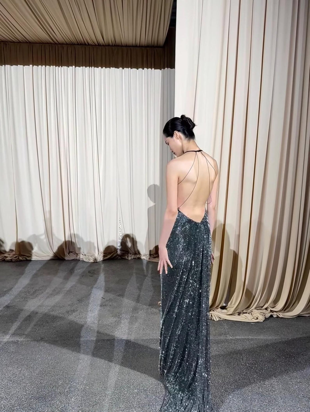 Silver Sparkle Draped Halter Neck Mermaid Formal Gown