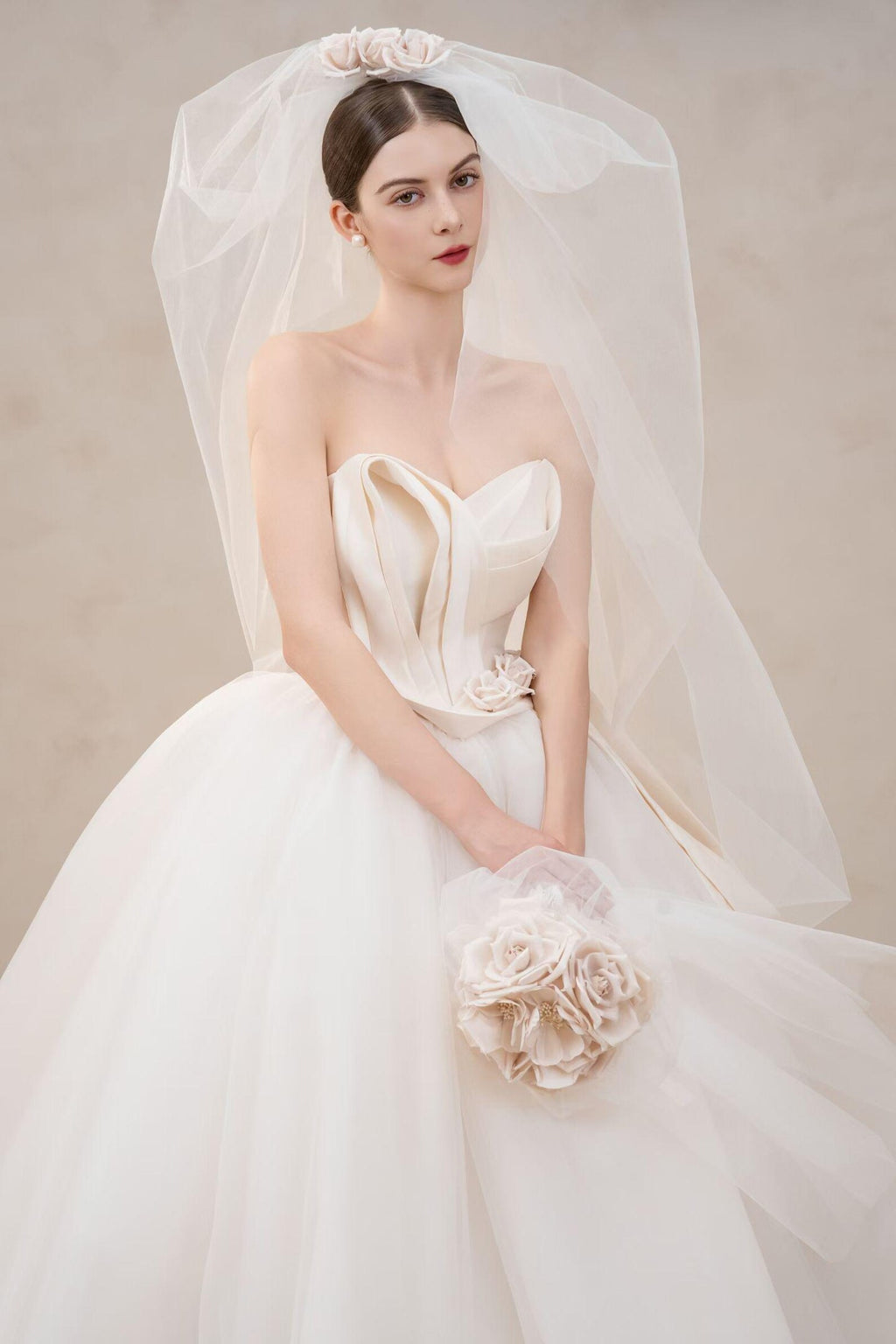 Strapless Fold Satin Bodice Ballgown Wedding Dress 3D Blush Floral Voluminous Tulle Bridal Gown
