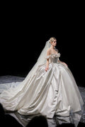 Off Shoulder 3D Rose Satin Ballgown Wedding Dress Luxury Long Train Bridal Gown